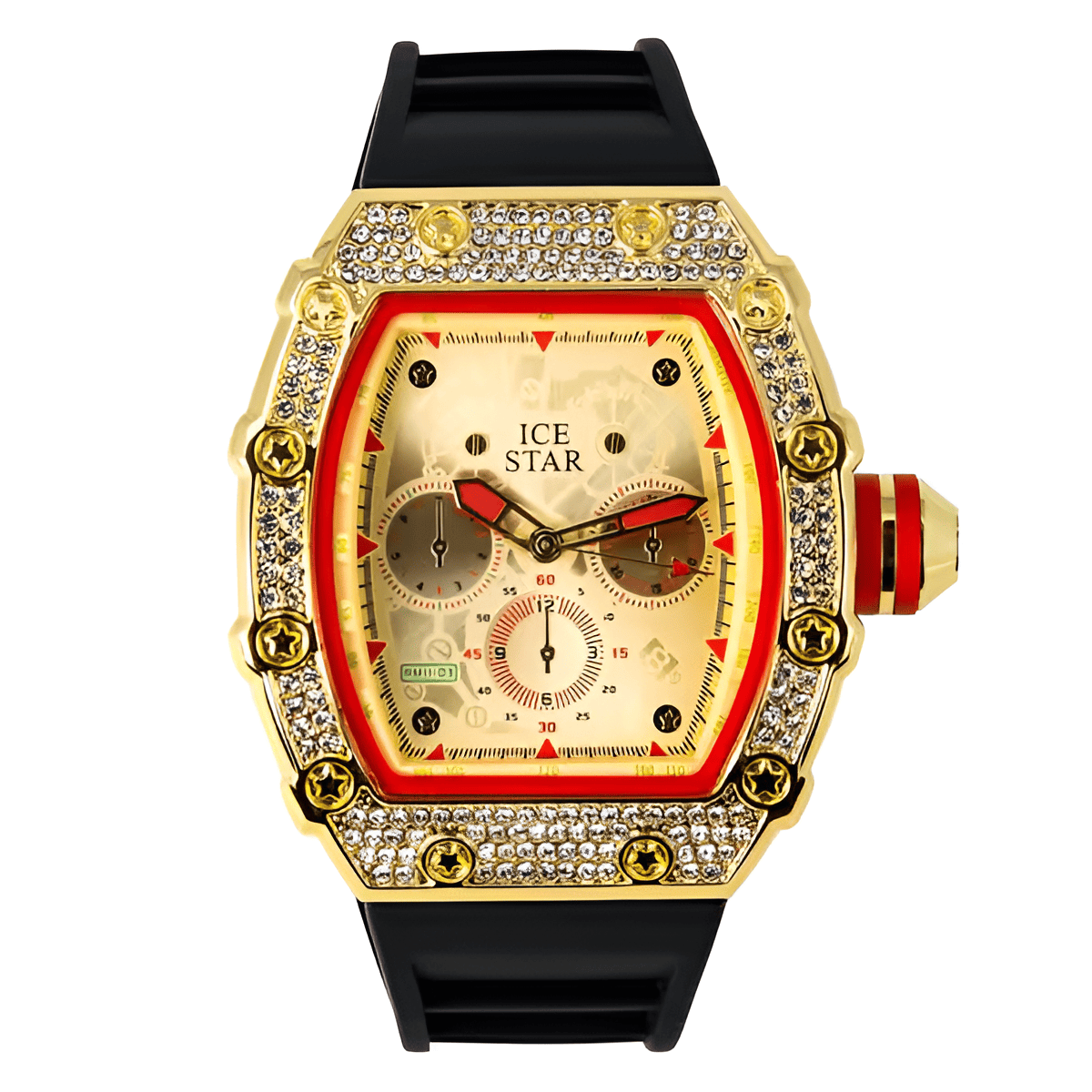 Men’s 45mm Iced Out Tonneau Watch - Silicone Band, Quartz Movement