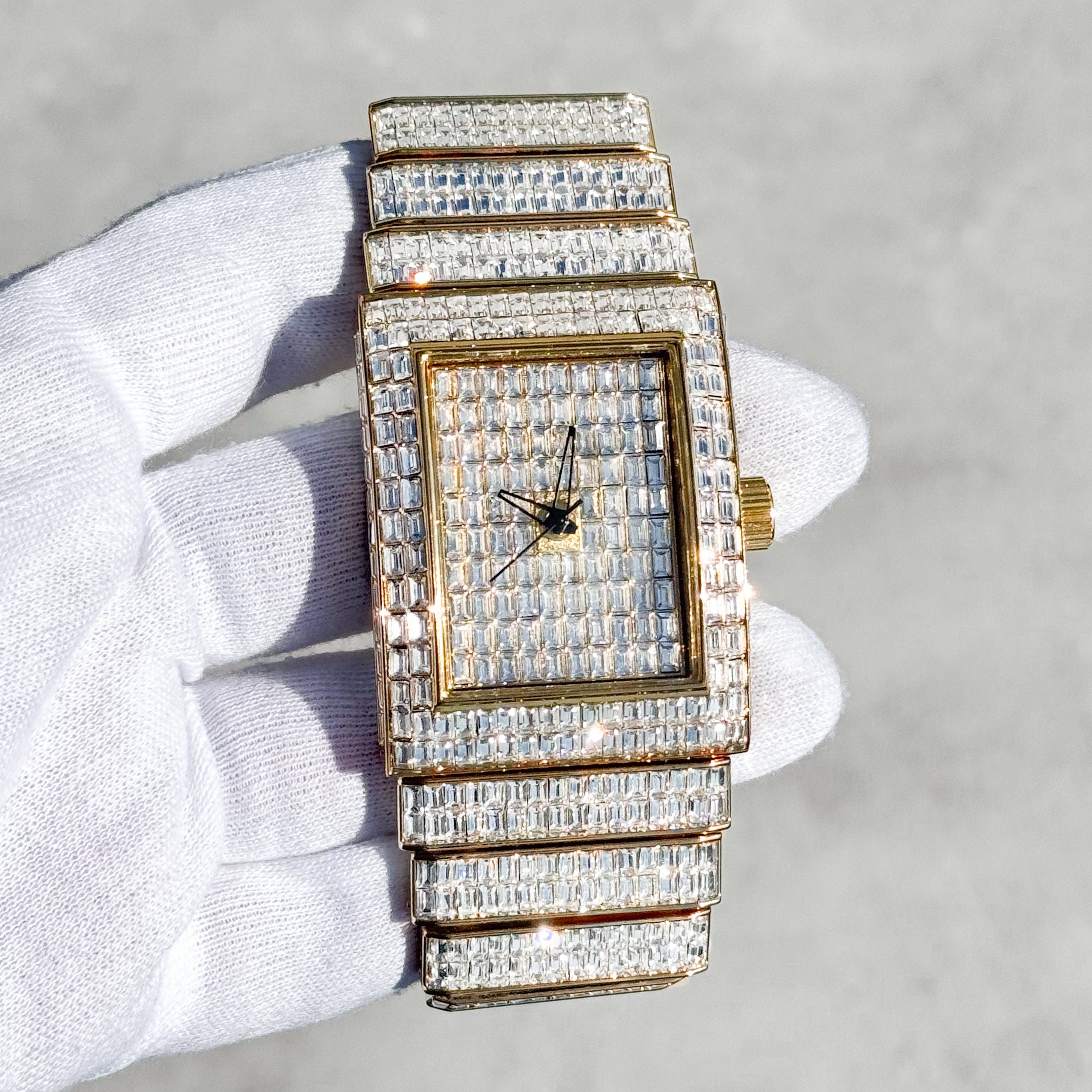 Gold men's iced baguette diamond watch with rectangular dial and fully iced band, 40mm design.