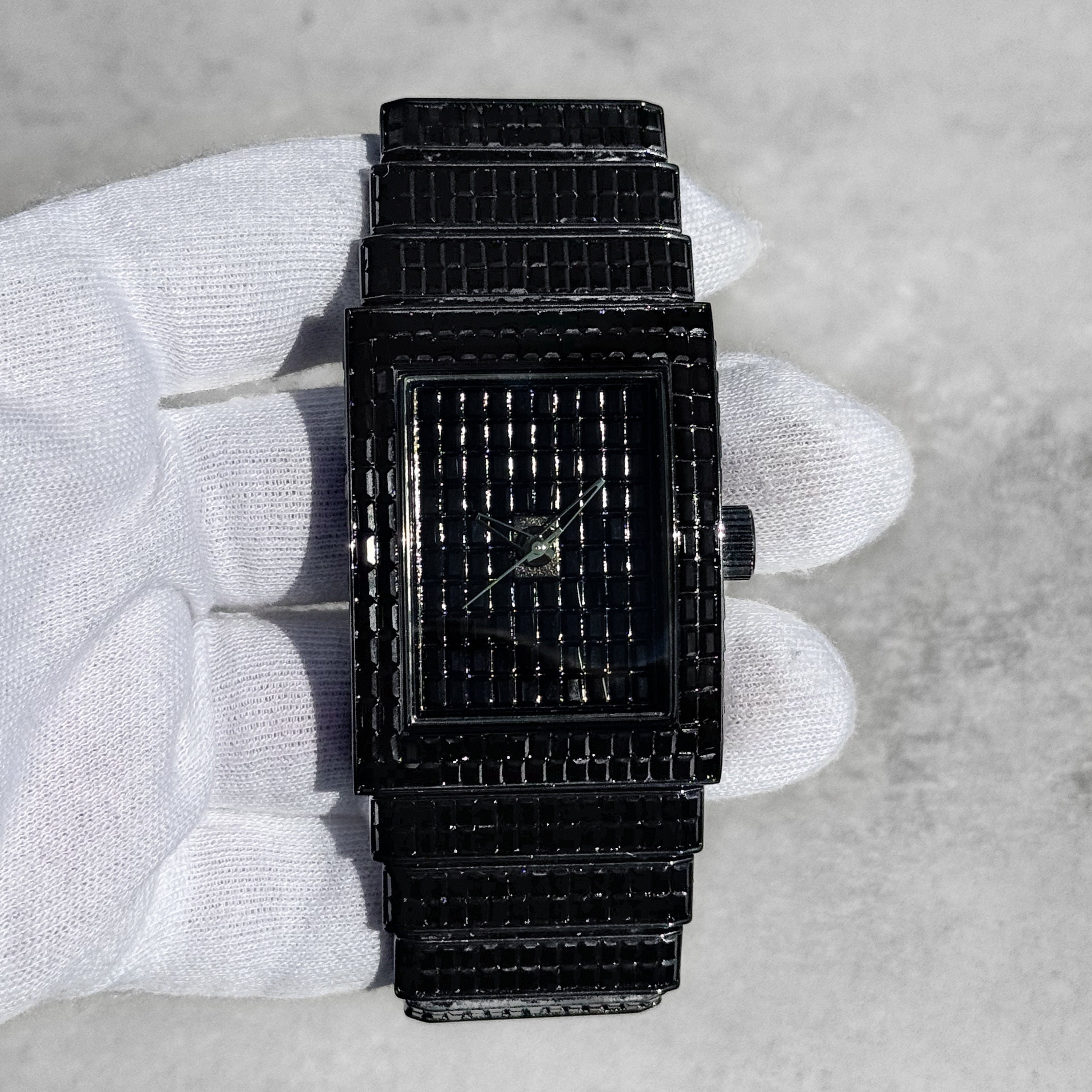 Black 40mm men's fully iced rectangle watch with baguette-style stones and sleek diamond band.