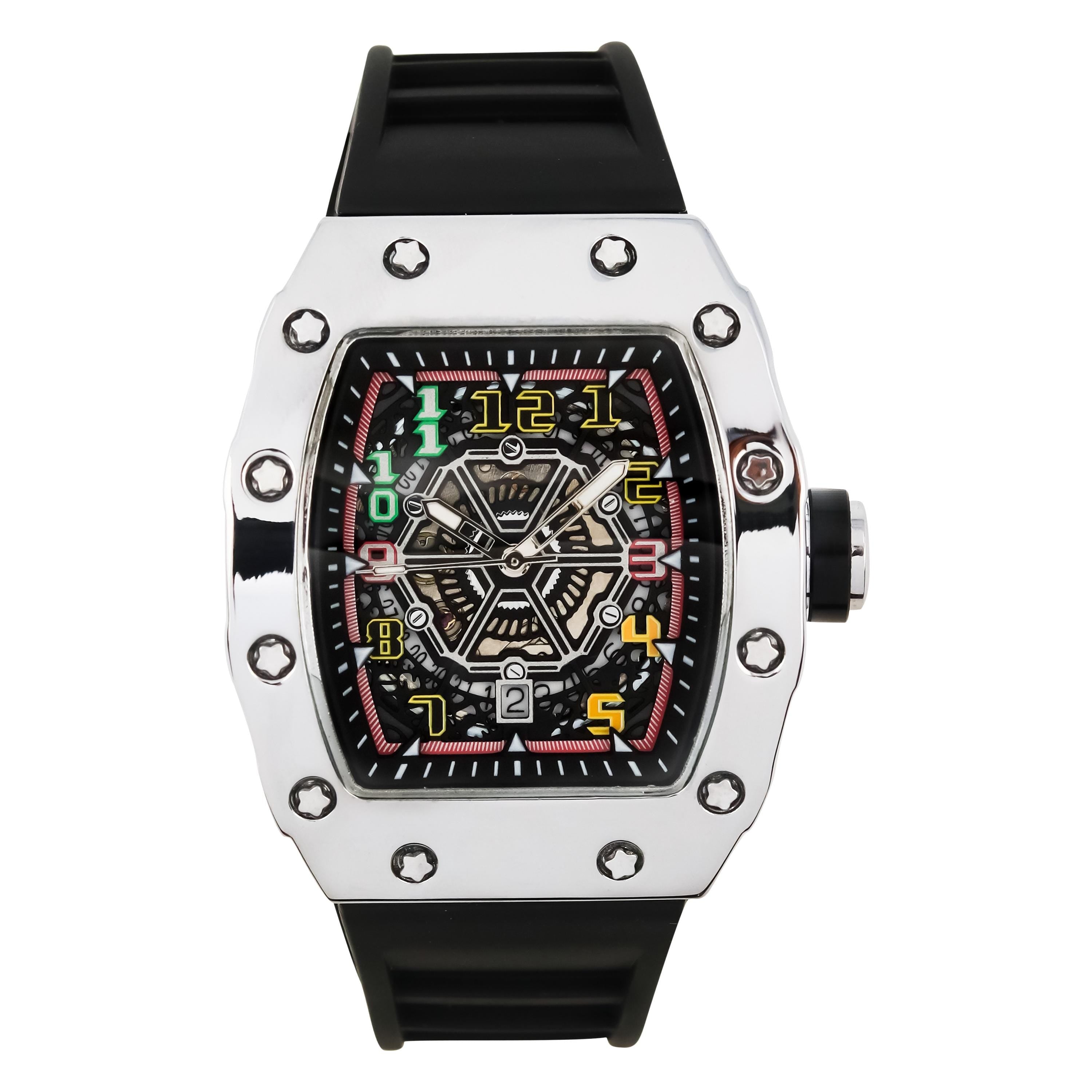 Men’s 43mm silver tonneau watch featuring multicolor numbers, skeleton dial, and adjustable silicone band.