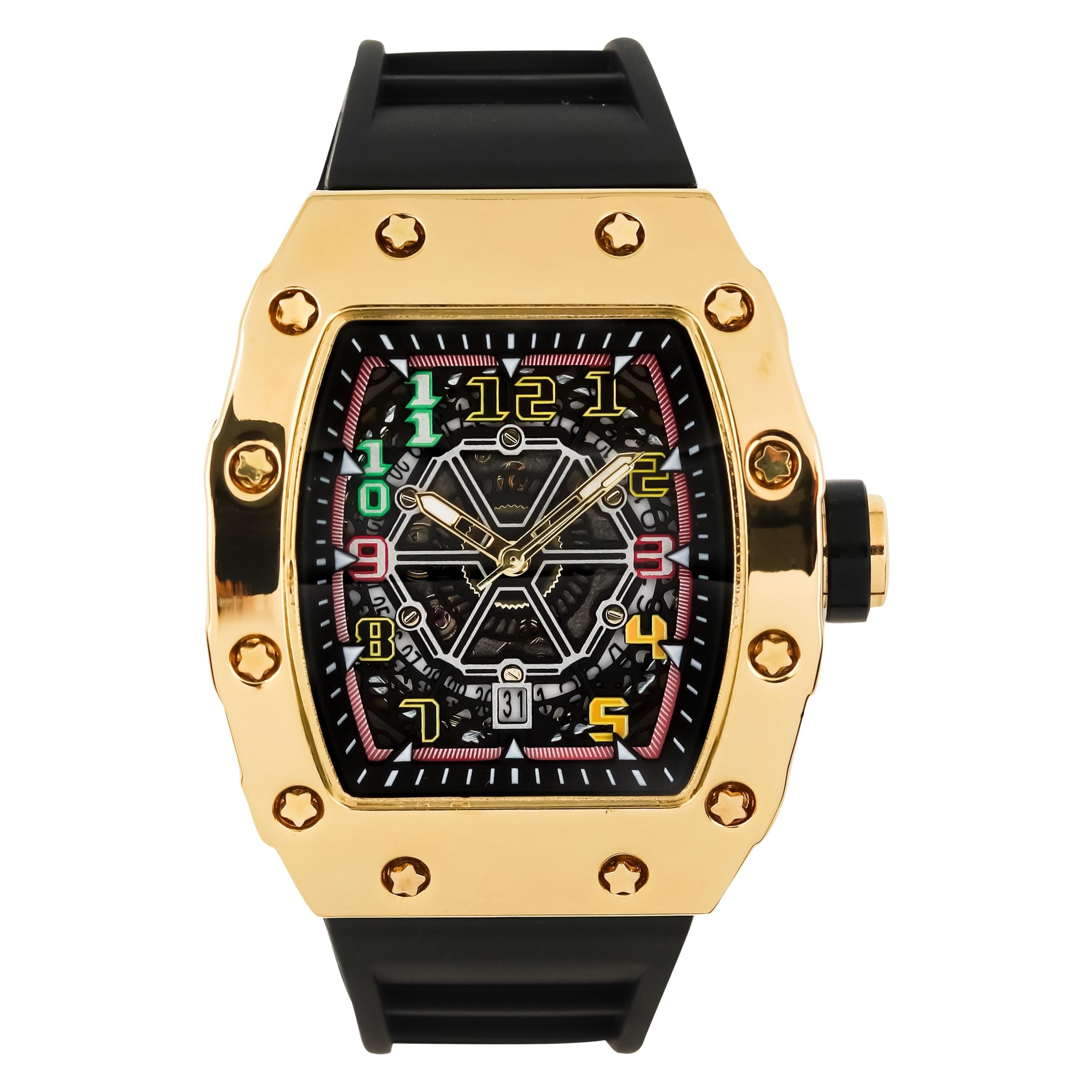 Gold men’s 43mm tonneau watch with multicolor numeral skeleton dial and matte finish, silicone wrist band.