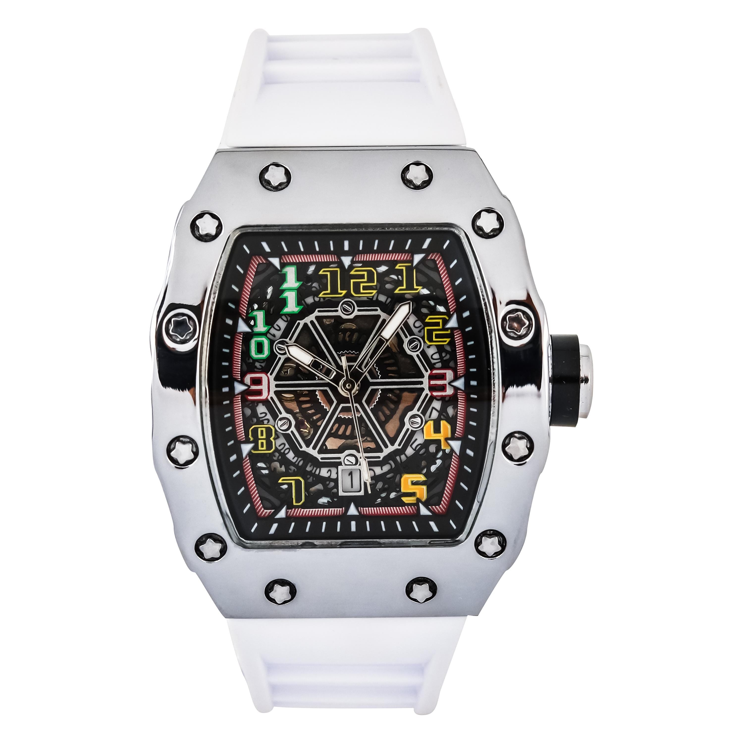 Men’s 43mm silver tonneau automatic watch with white silicone strap and multicolor skeleton dial details.