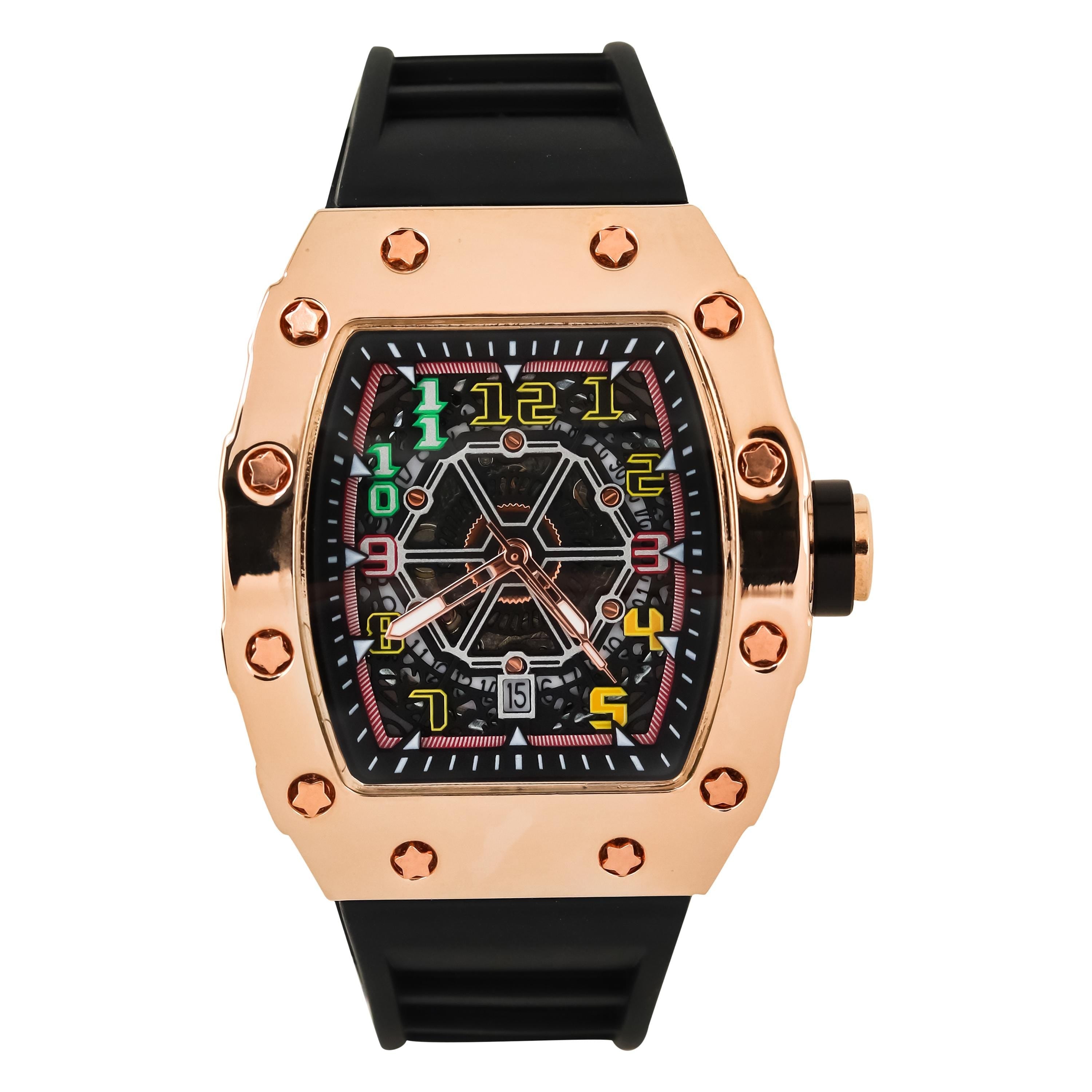 Rose gold men’s 43mm tonneau watch featuring multicolor numerals, skeleton dial, and silicone wrist band.