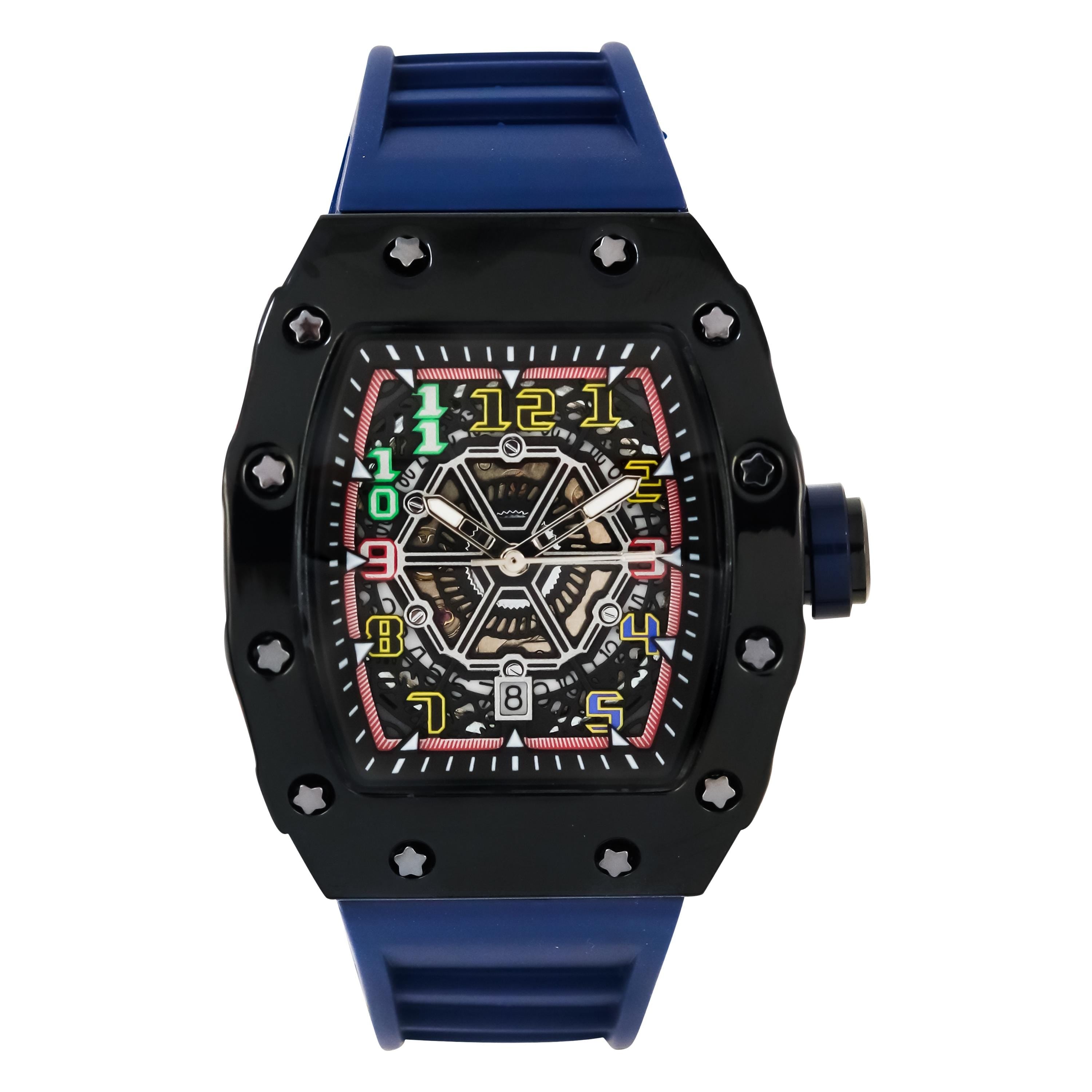 Men’s 43mm black tonneau watch with blue silicone band, colorful numeral markers, and skeleton dial design.