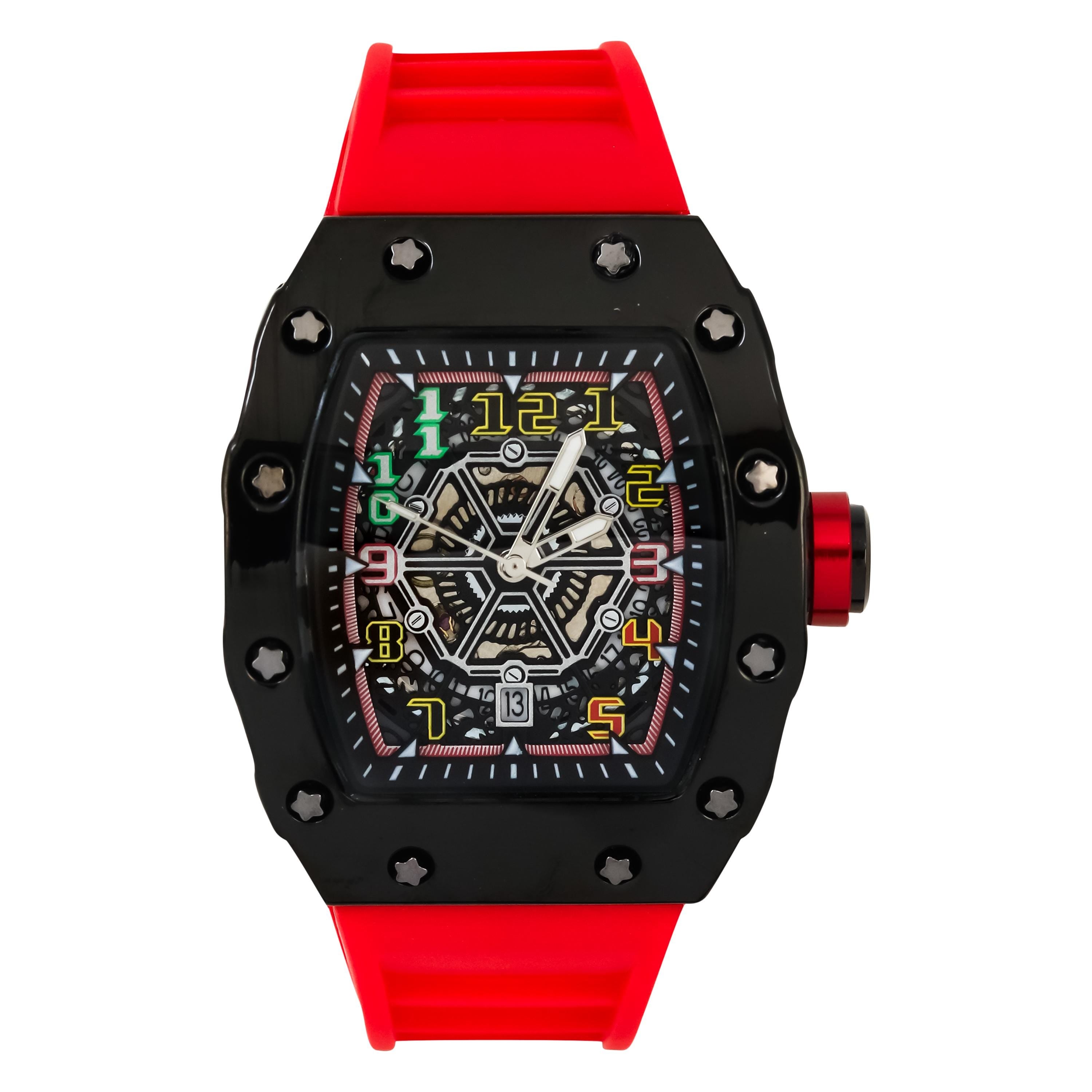 Men’s 43mm black tonneau watch with red silicone band, colorful numerals, and open-gear skeleton dial.