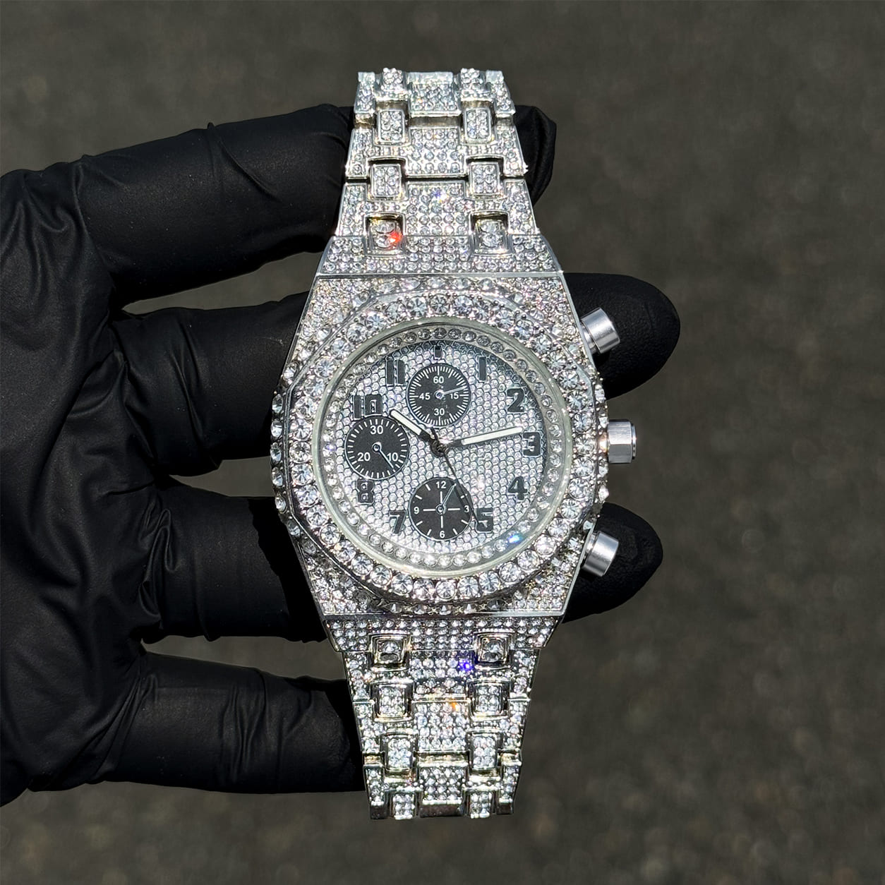 Men's 42mm Iced Out Diamond Watch & Triple Cross Smoke Lens Sunglasses Set