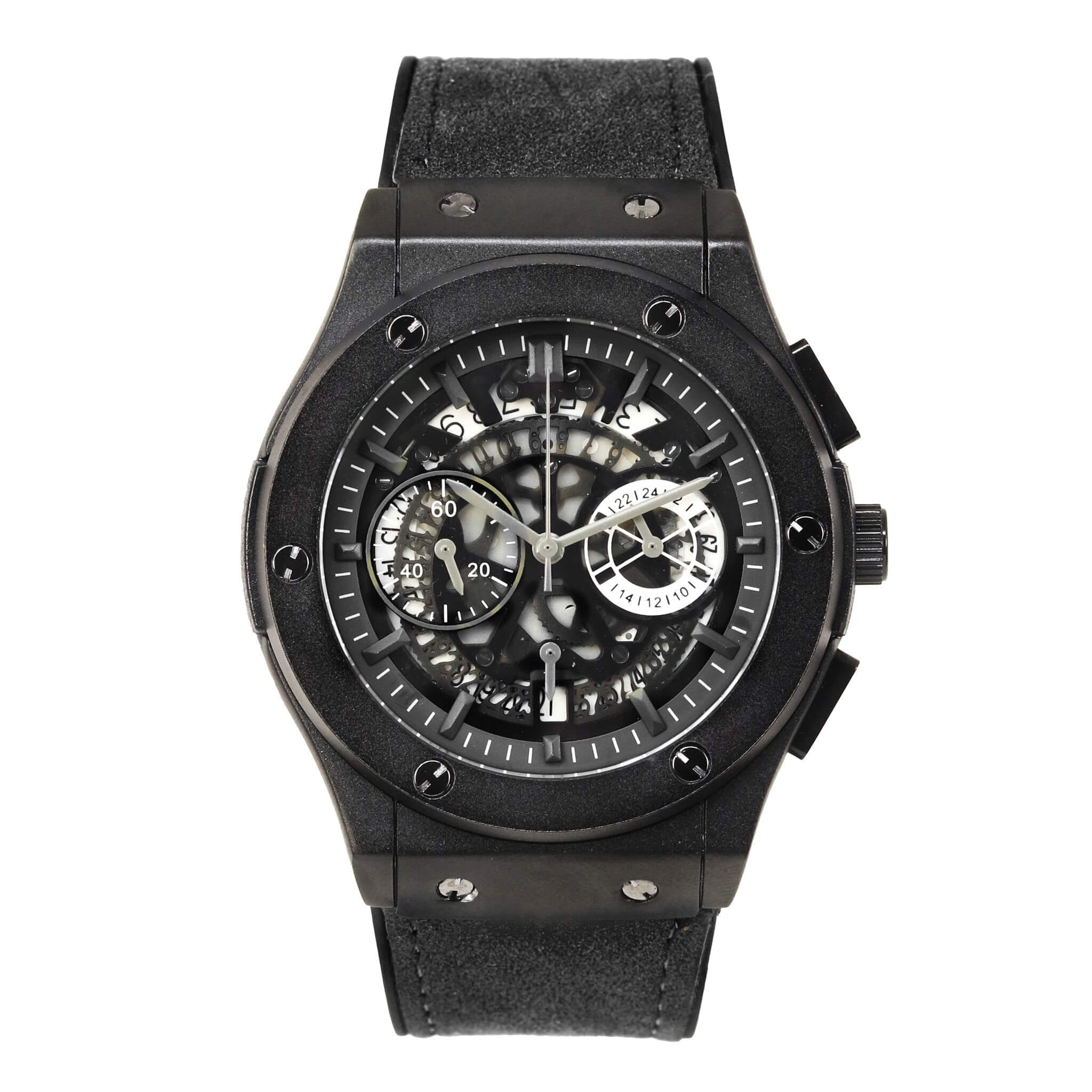 Men’s 44mm Skeleton Dial Watch - Leather Band, Quartz Movement