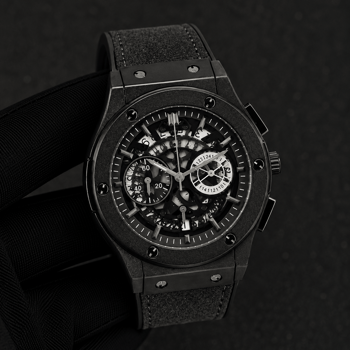 Men’s 44mm Skeleton Dial Watch - Leather Band, Quartz Movement