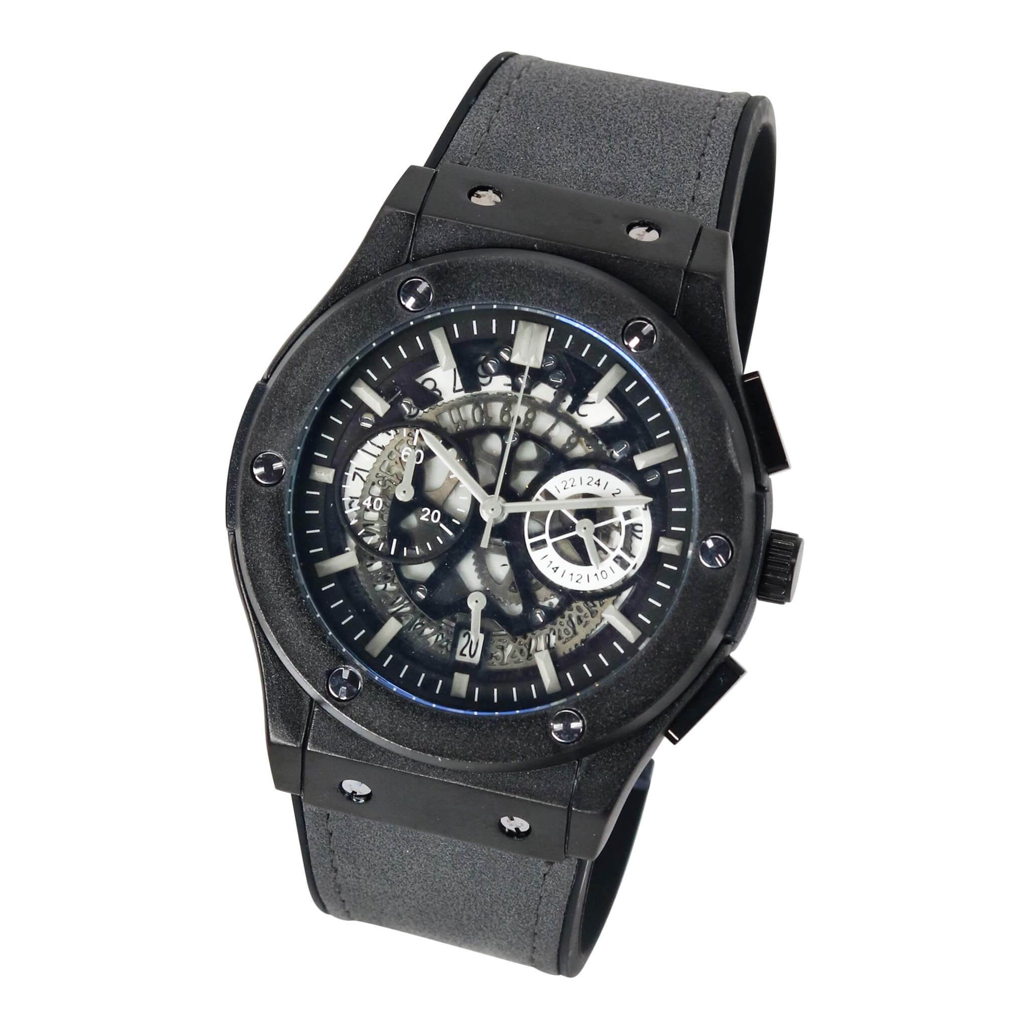 Men’s 44mm Skeleton Dial Watch - Leather Band, Quartz Movement