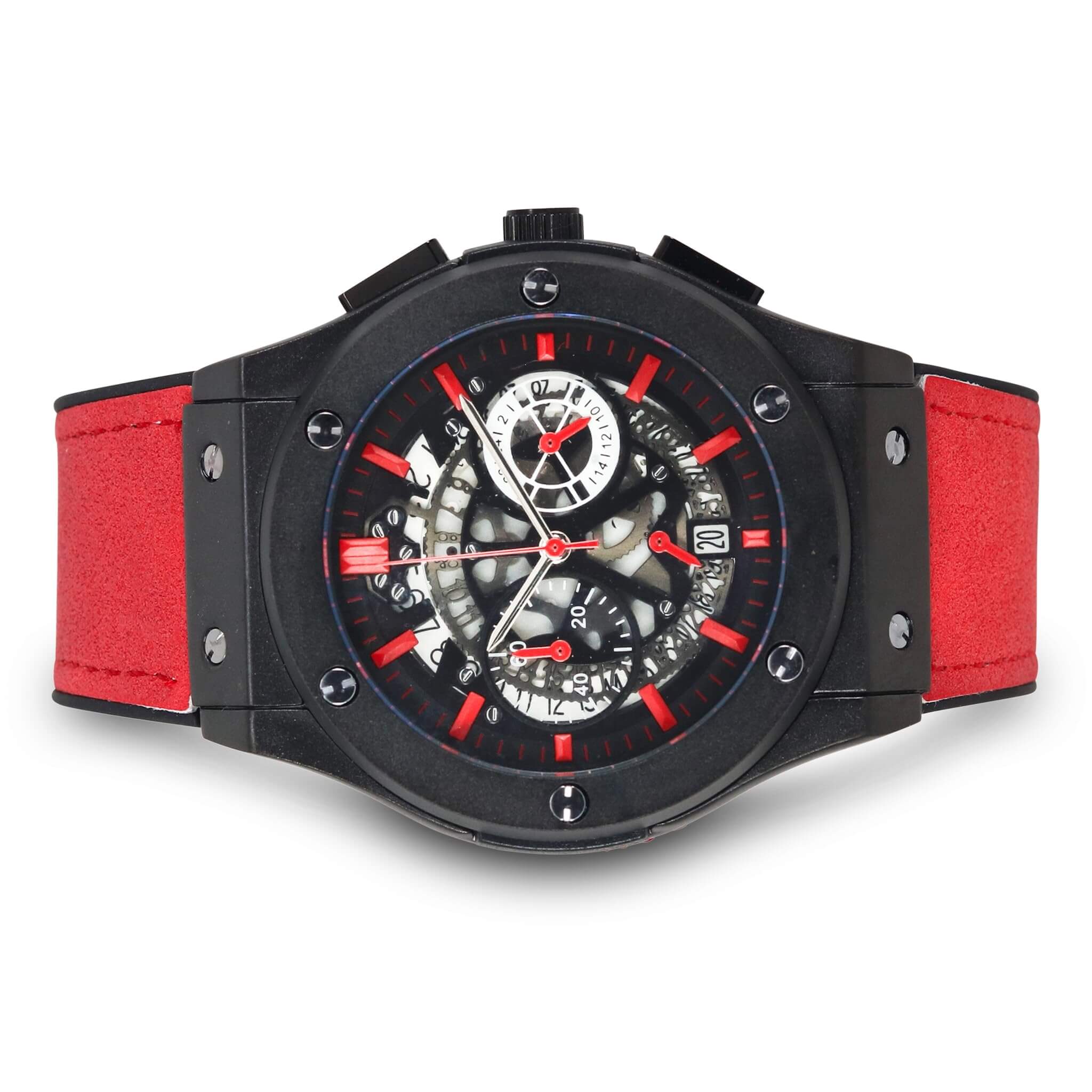Men’s 44mm Skeleton Dial Watch - Leather Band, Quartz Movement