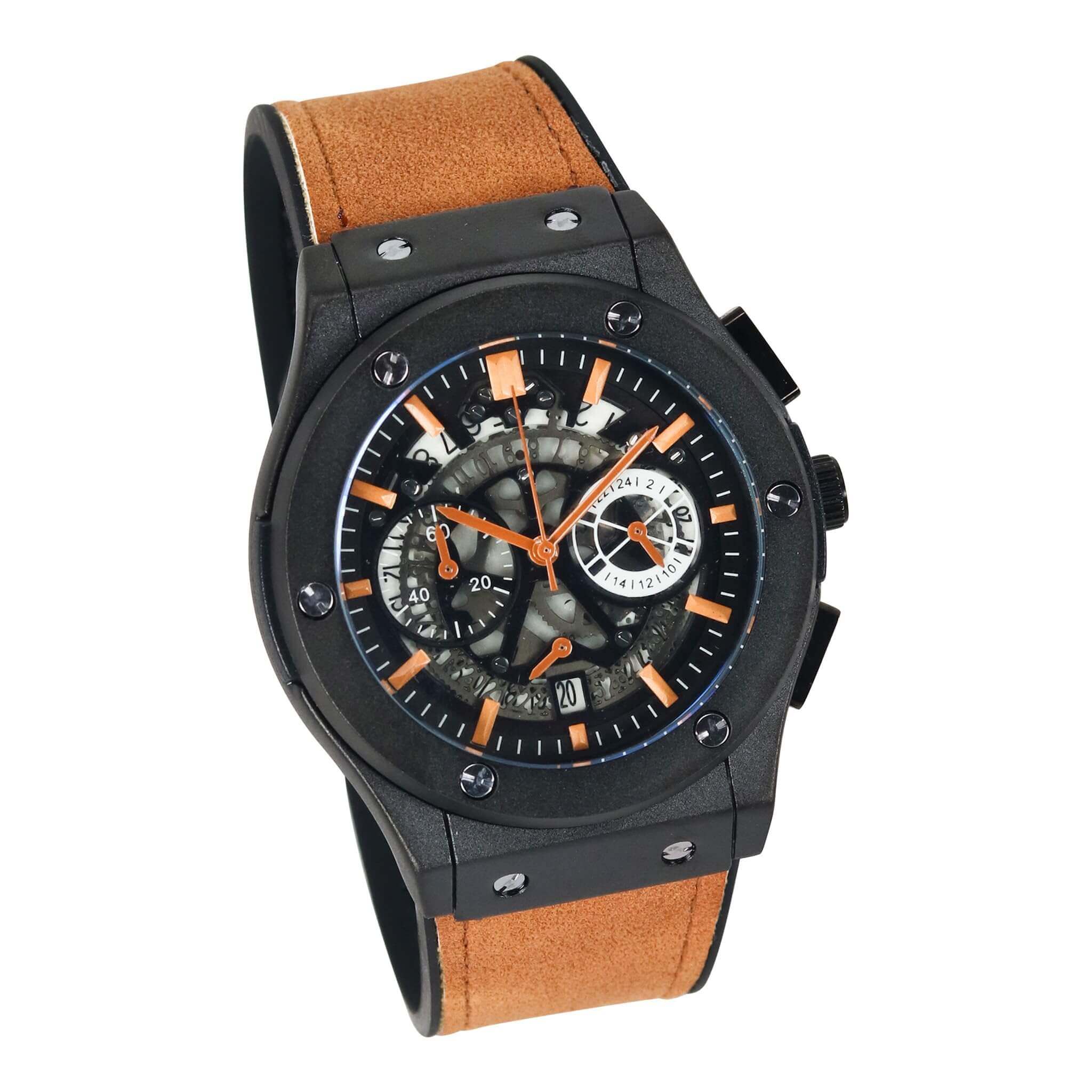 Men’s 44mm Skeleton Dial Watch - Leather Band, Quartz Movement