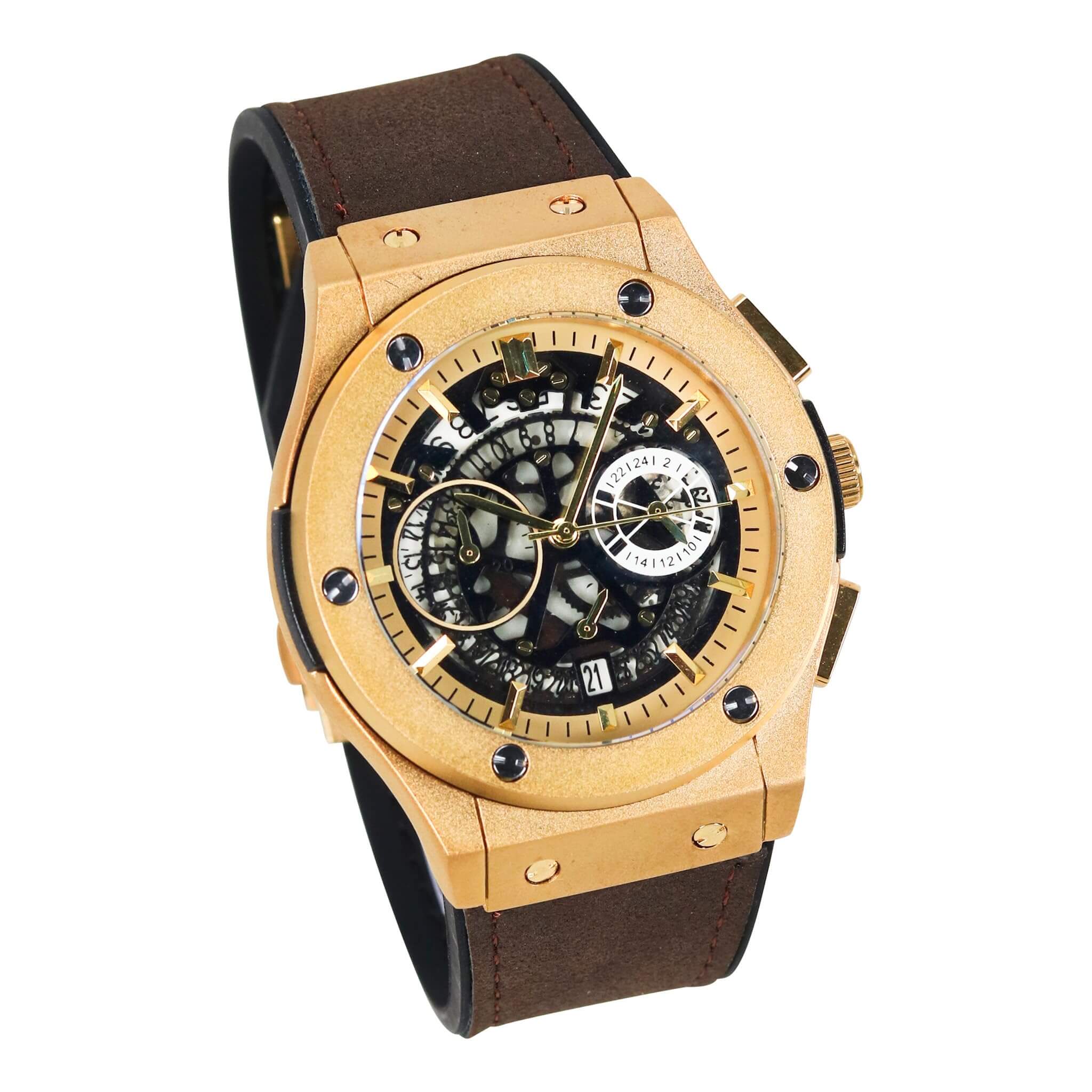 Men’s 44mm Skeleton Dial Watch - Leather Band, Quartz Movement