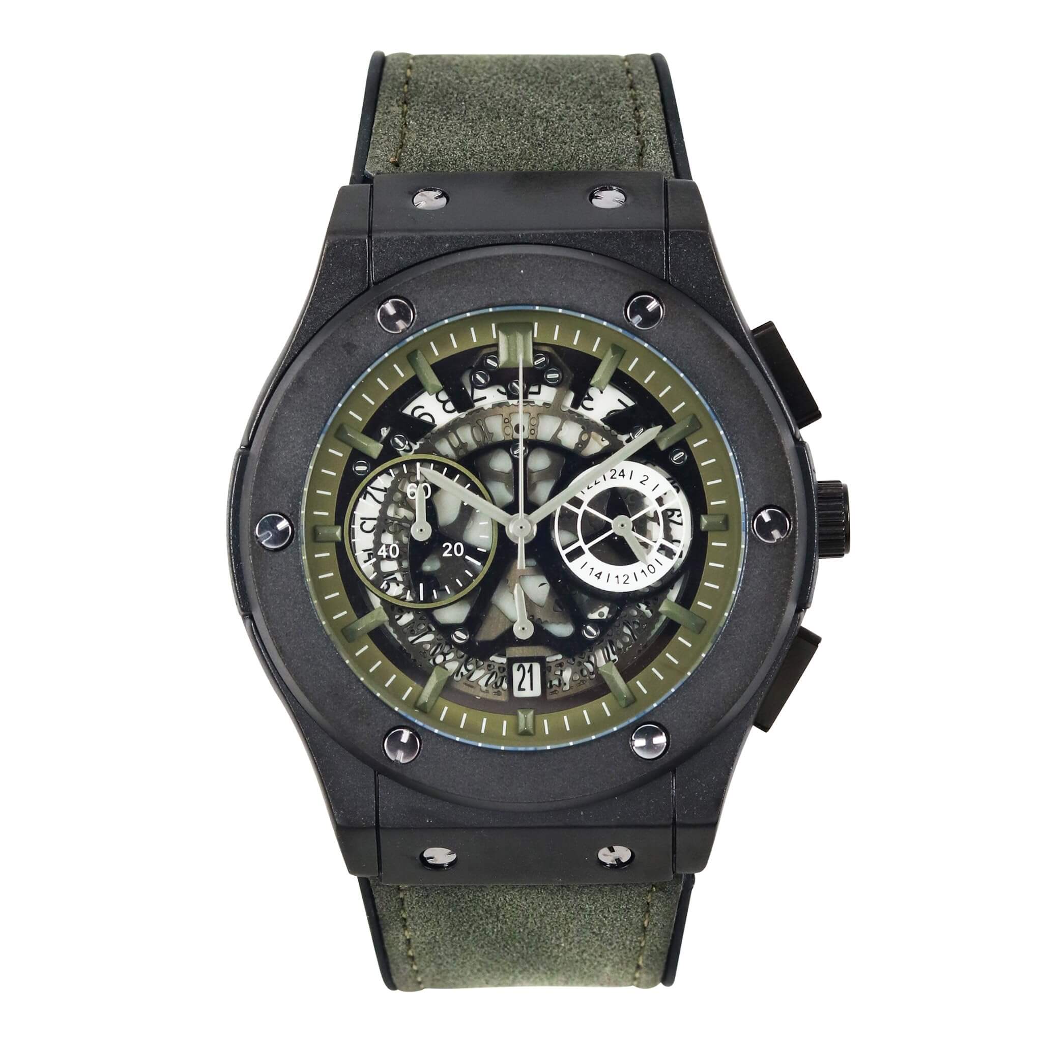 Men’s 44mm Skeleton Dial Watch - Leather Band, Quartz Movement