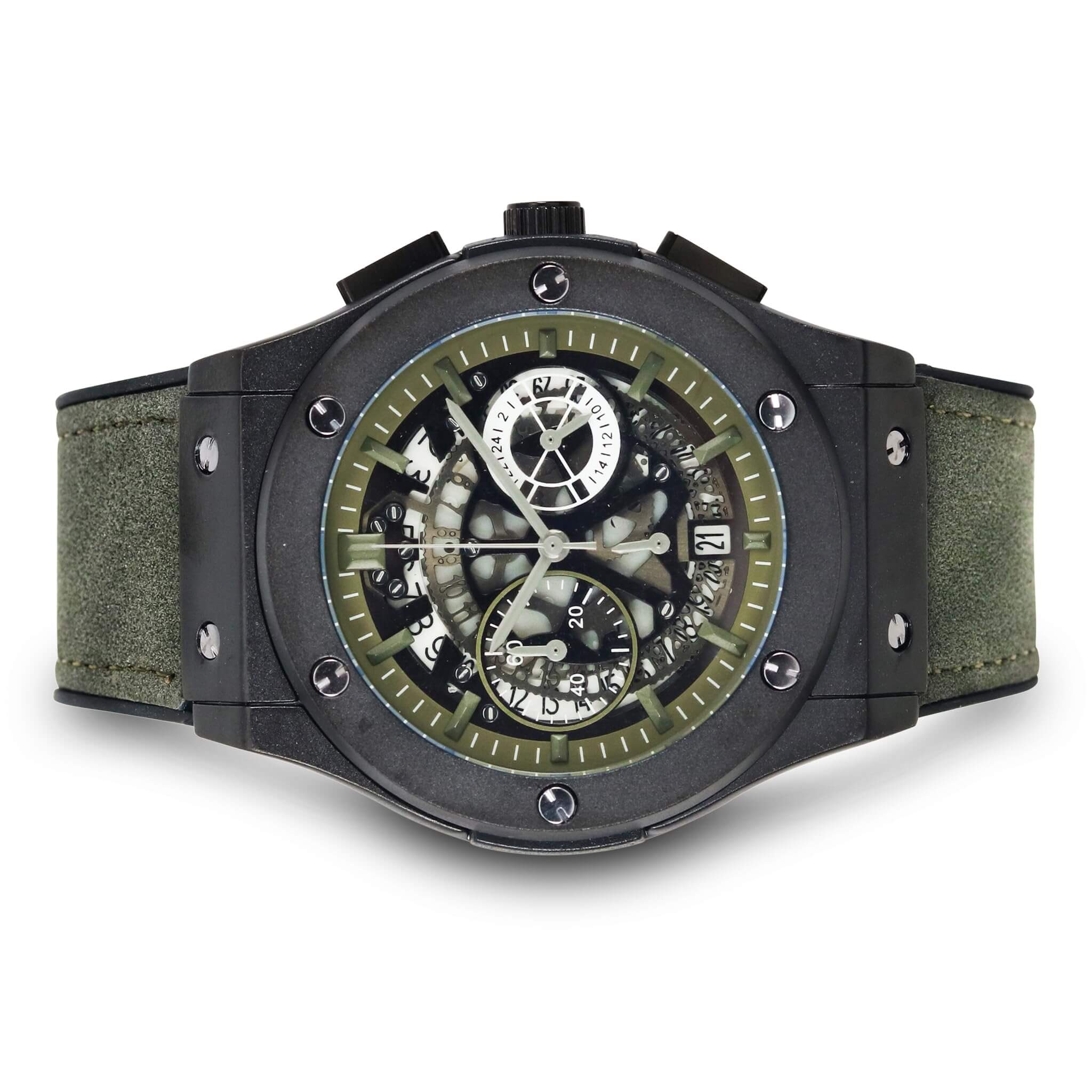 Men’s 44mm Skeleton Dial Watch - Leather Band, Quartz Movement