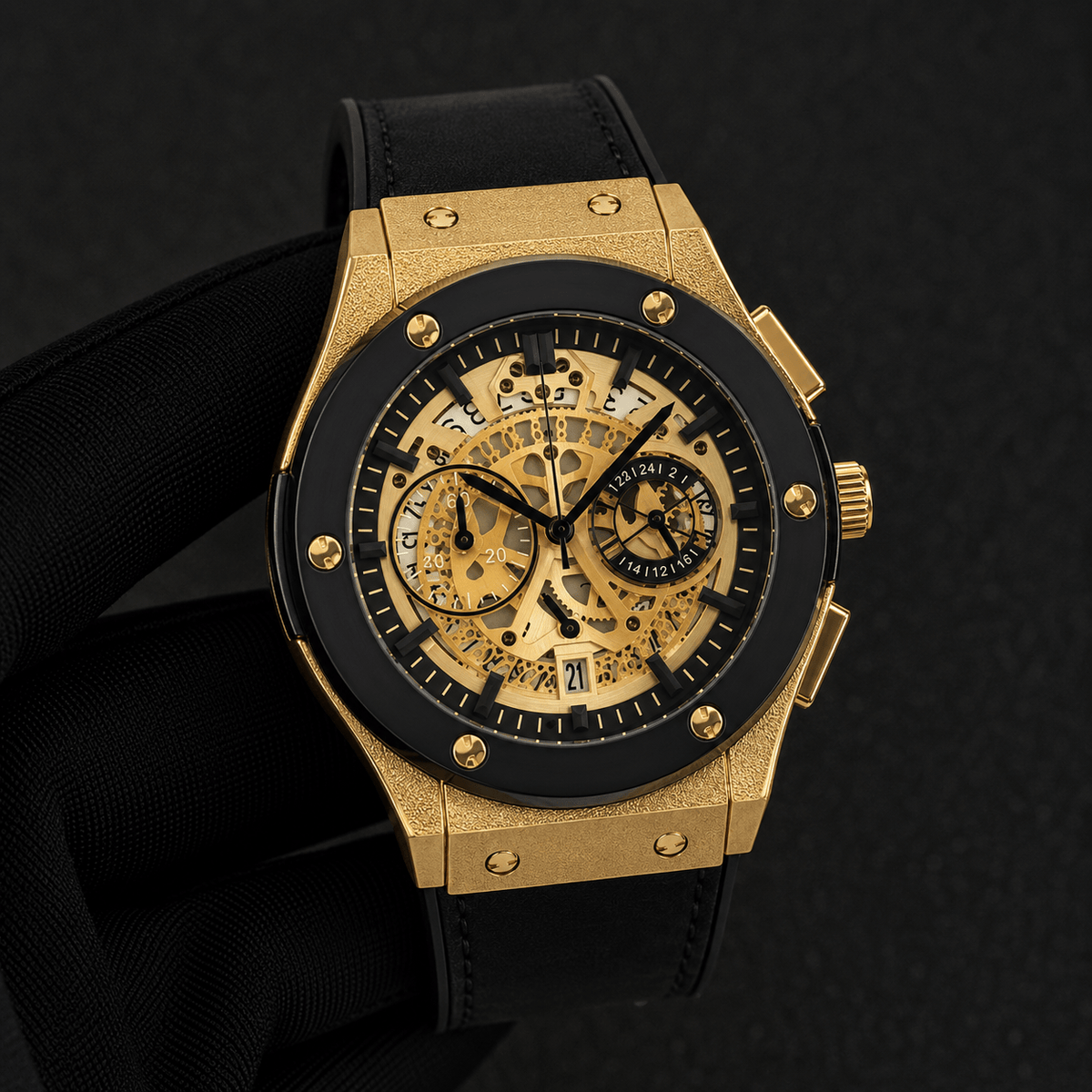 Men’s 44mm Skeleton Dial Watch - Leather Band, Quartz Movement