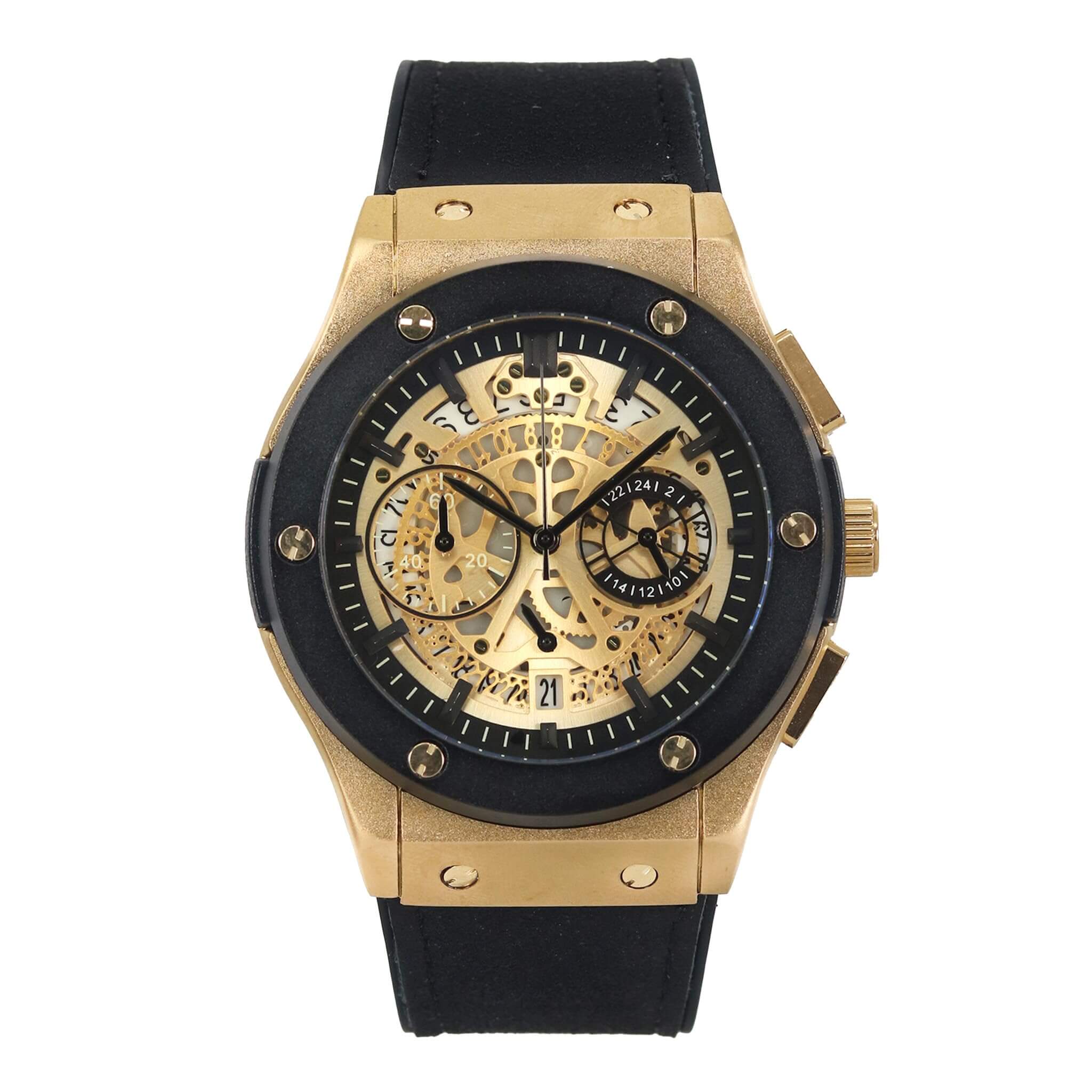 Men’s 44mm Skeleton Dial Watch - Leather Band, Quartz Movement