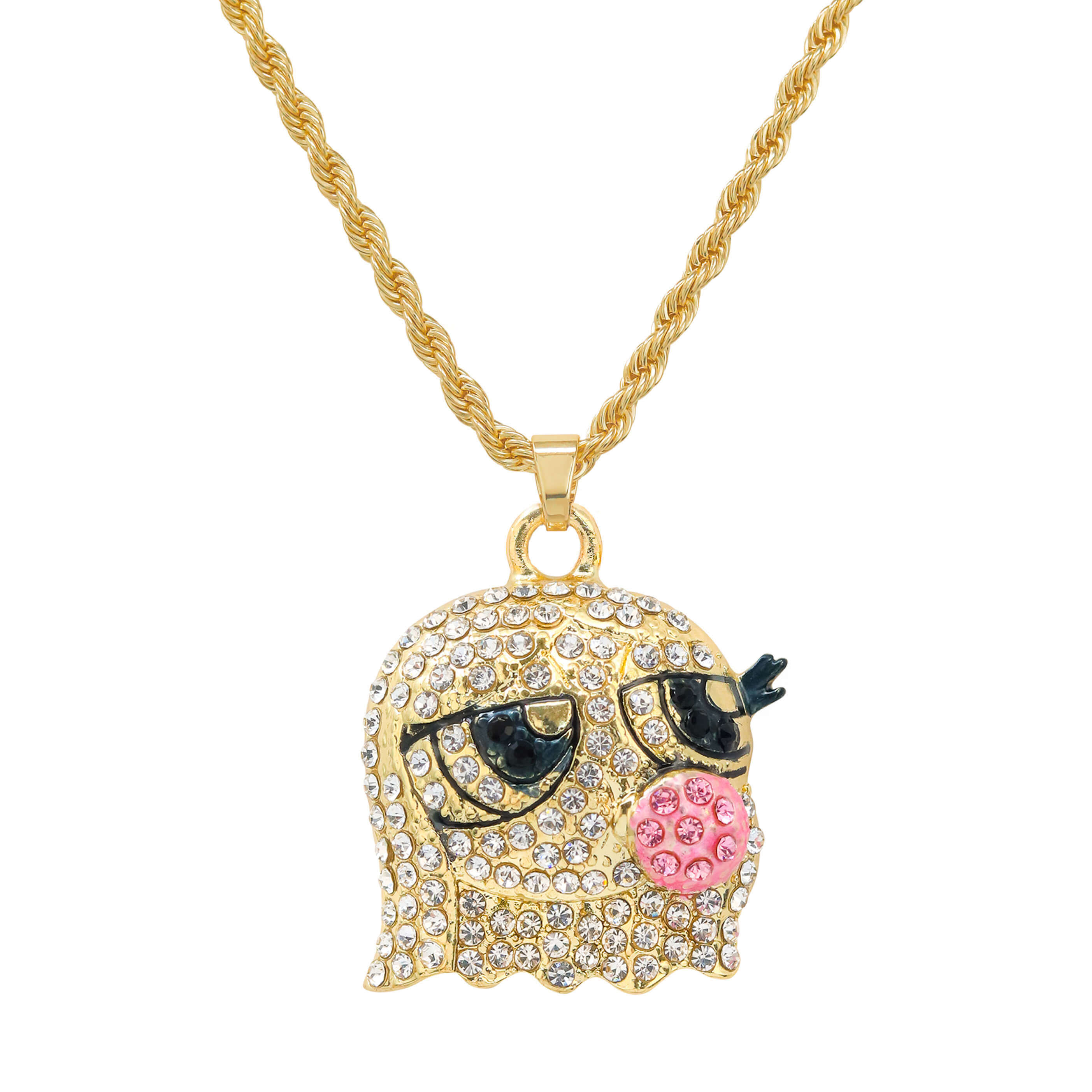 Mini Iced Out Bubble Blowing Doll Pendant in gold finish with crystal face and pink bubble.