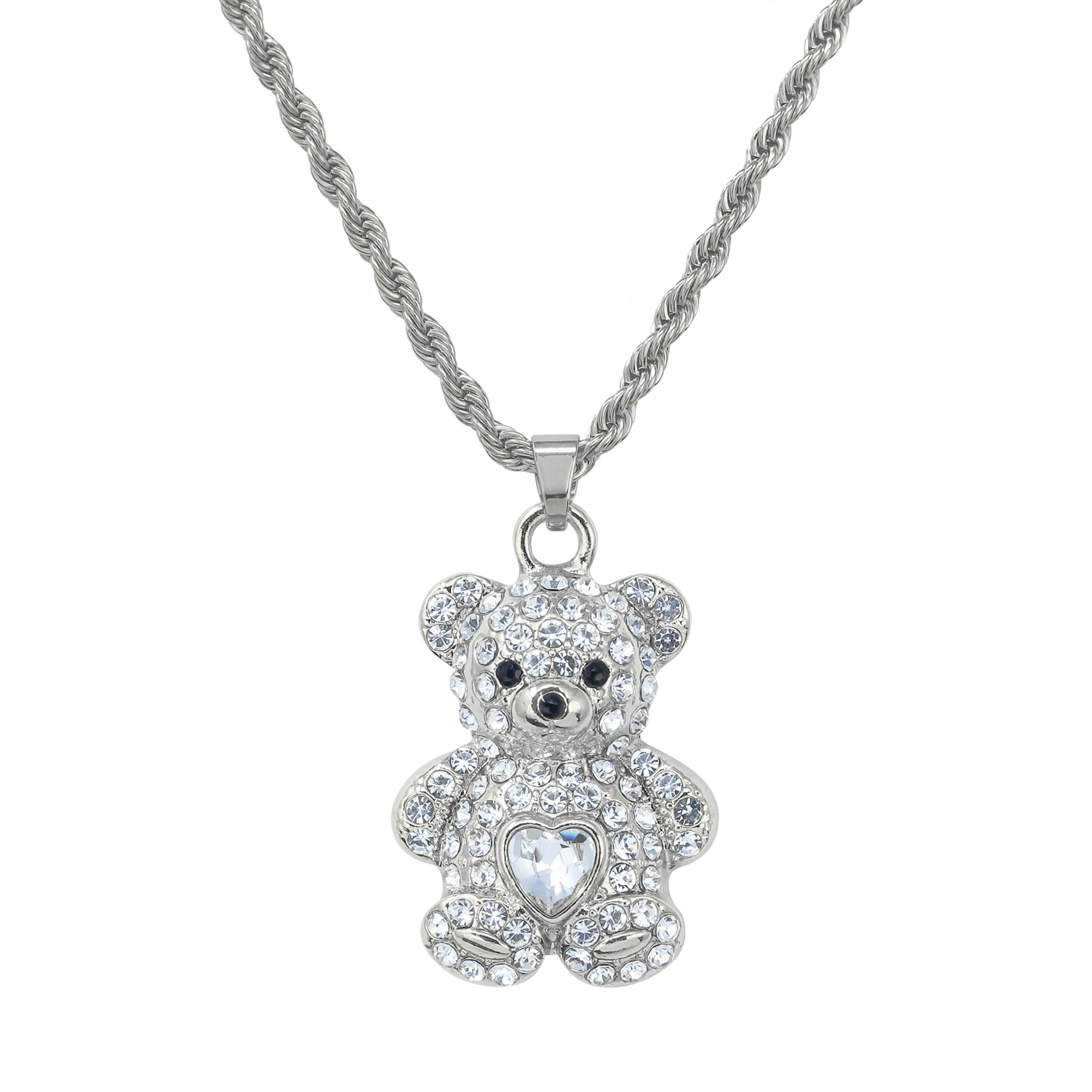 Mini Iced Heart Stone Teddy Pendant in silver finish with crystal teddy bear heart centerpiece.
