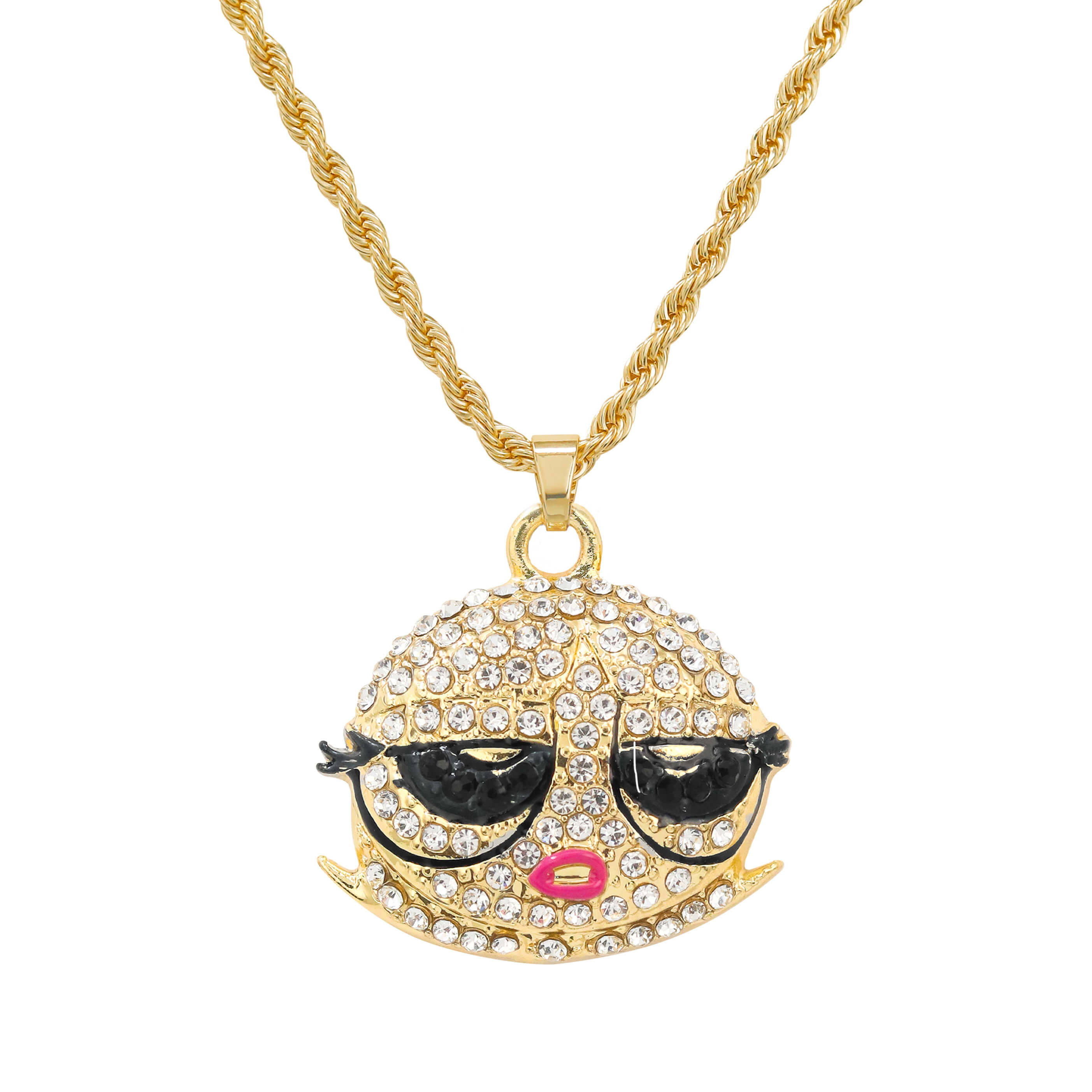 Mini Iced Out Bob Doll Pendant in gold tone featuring full crystal face and matching rope chain.