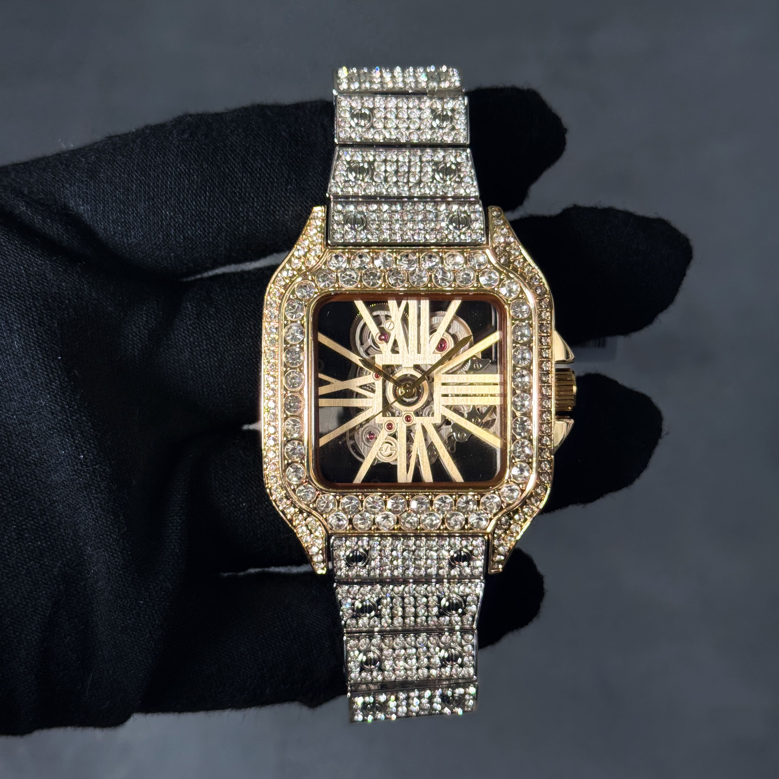 Men's 40mm Fully Iced Out Diamond Watch - Skeleton Dial