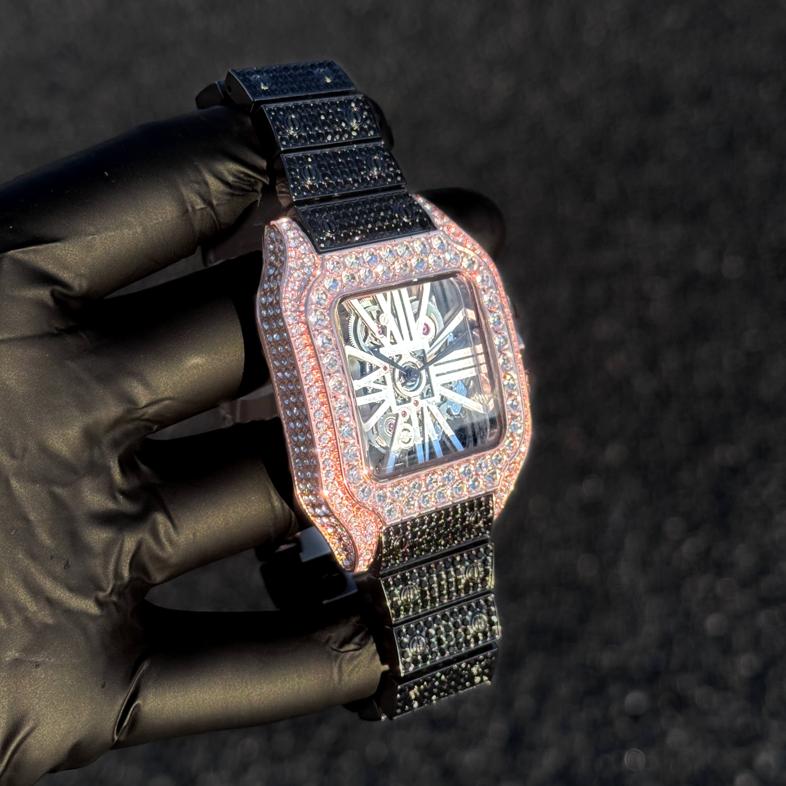 Men's Fully Iced Out Diamond Watch 40mm - Skeleton Dial - Square Timepiece, Quartz Movement - Gun Finish