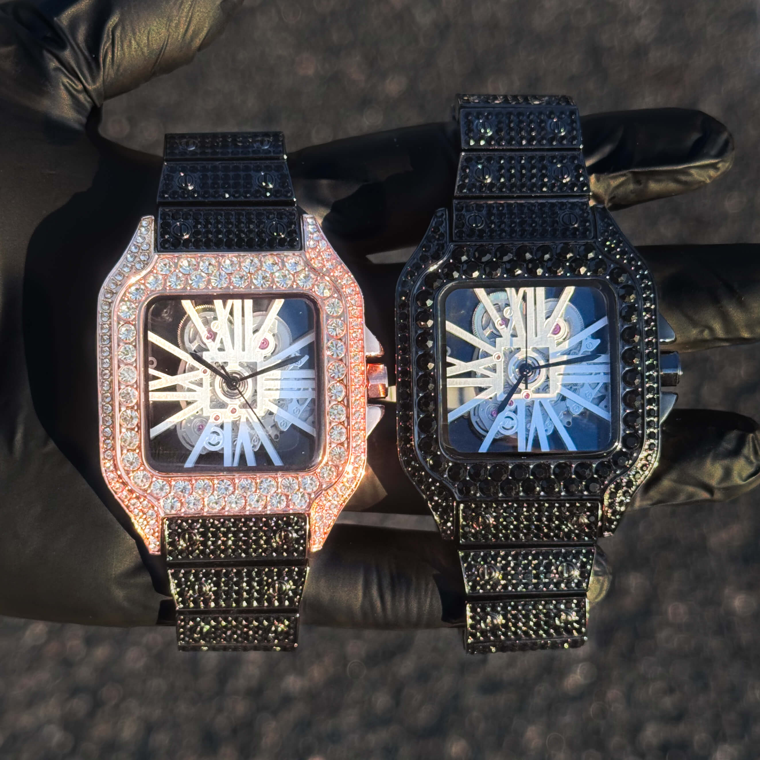 Men's Fully Iced Out Diamond Watch 40mm - Skeleton Dial - Square Timepiece, Quartz Movement - Gun Finish
