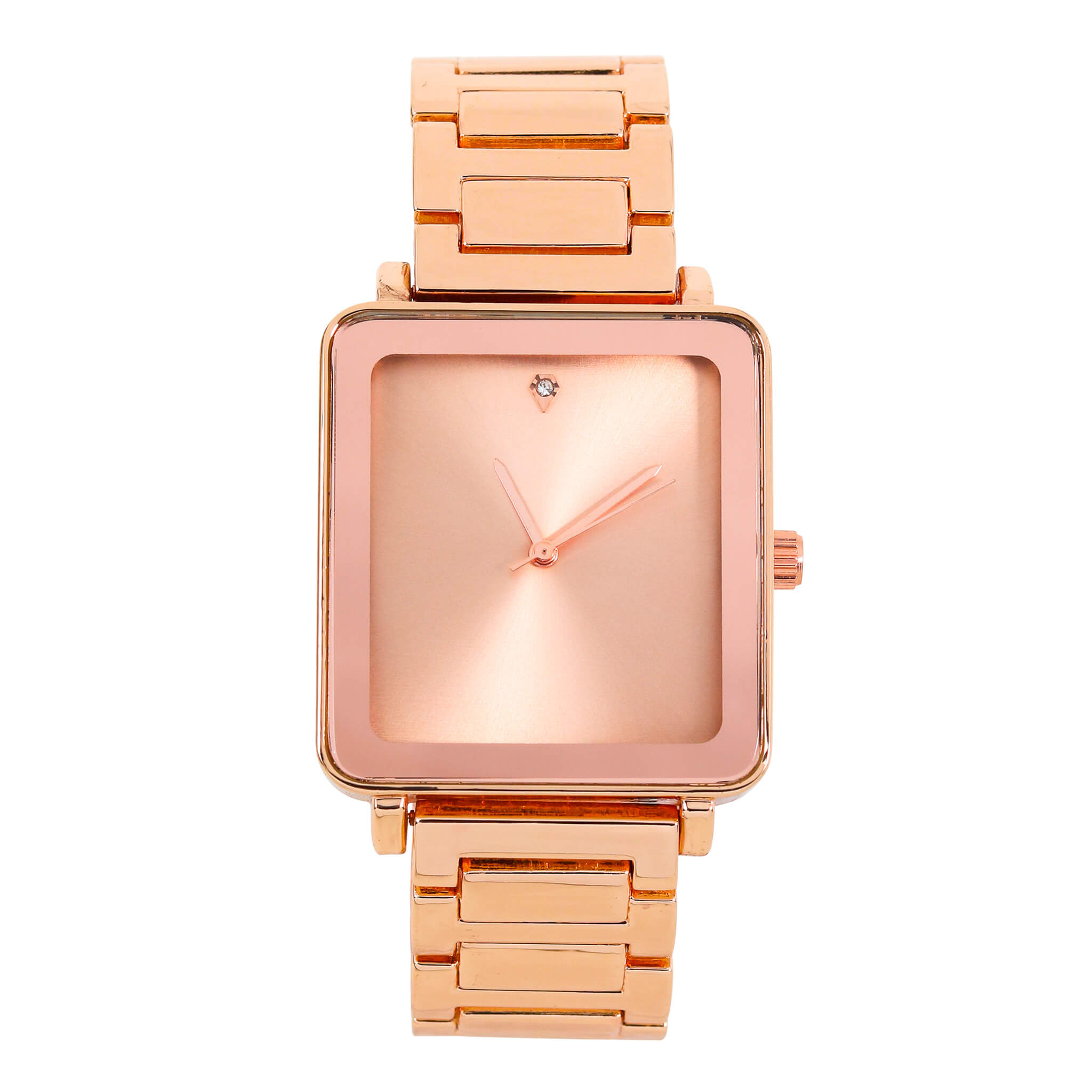 Men’s 33mm Square Dial Watch in rose gold with smooth sunray dial and matching metal bracelet