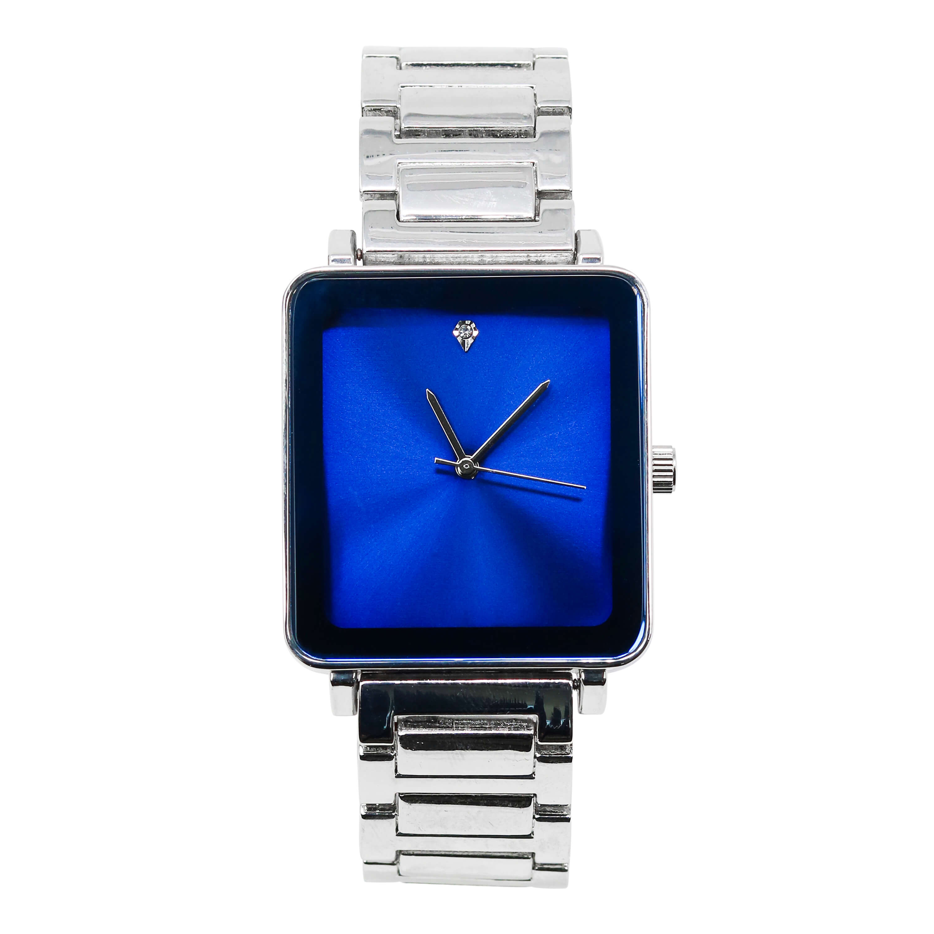 Men’s 33mm Square Dial Watch with vibrant blue dial and silver metal strap in a modern style