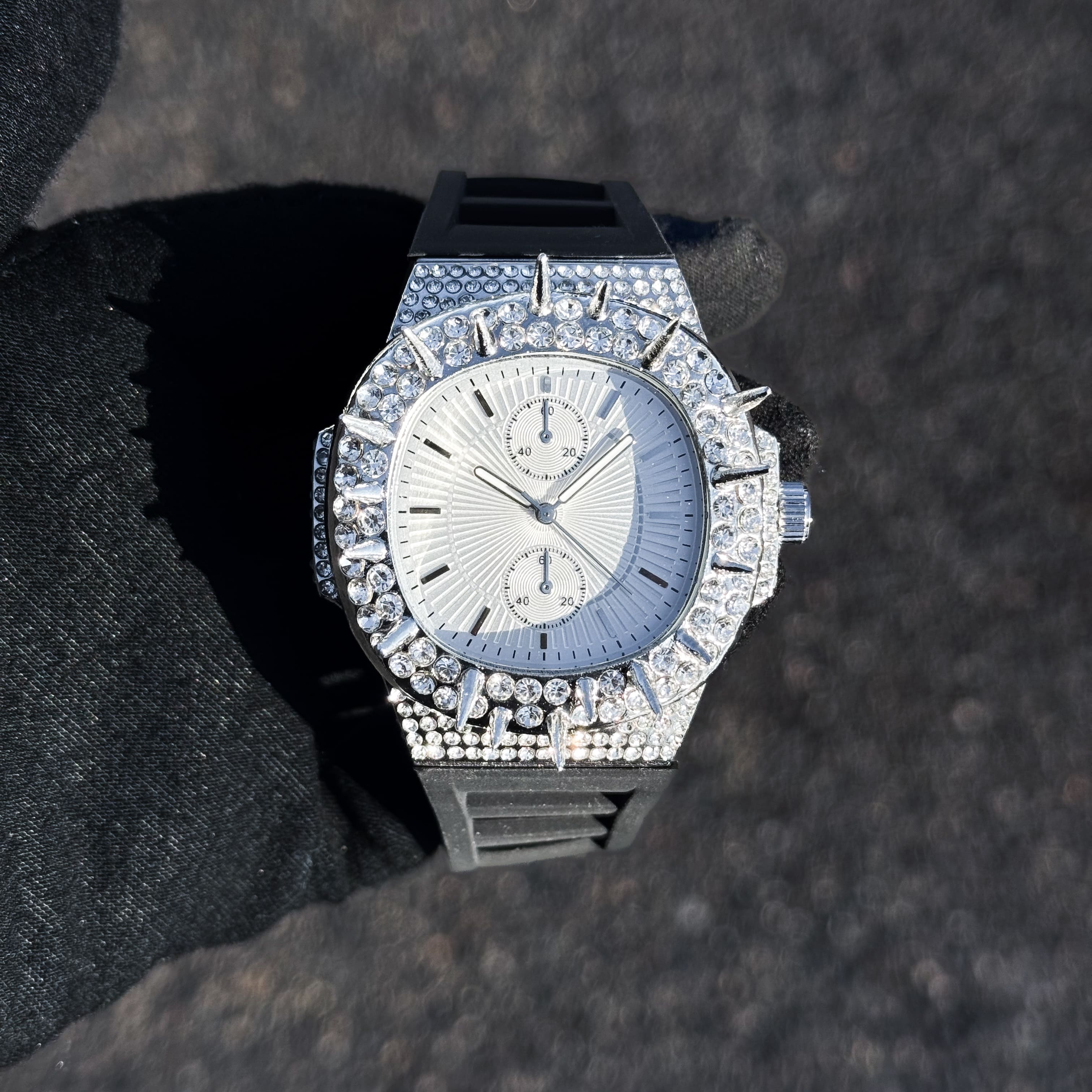 Men's 42mm Iced Out Spike Watch - Silicone Band, Quartz Movement