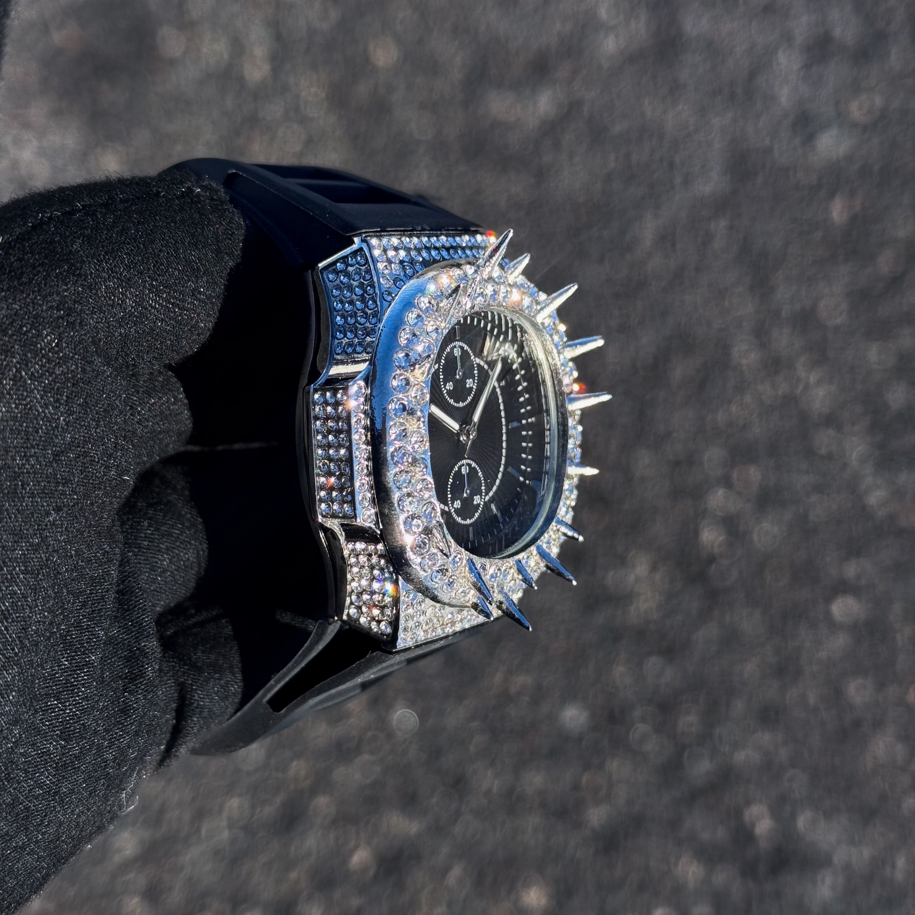 Men's 42mm Iced Out Spike Watch - Silicone Band, Quartz Movement