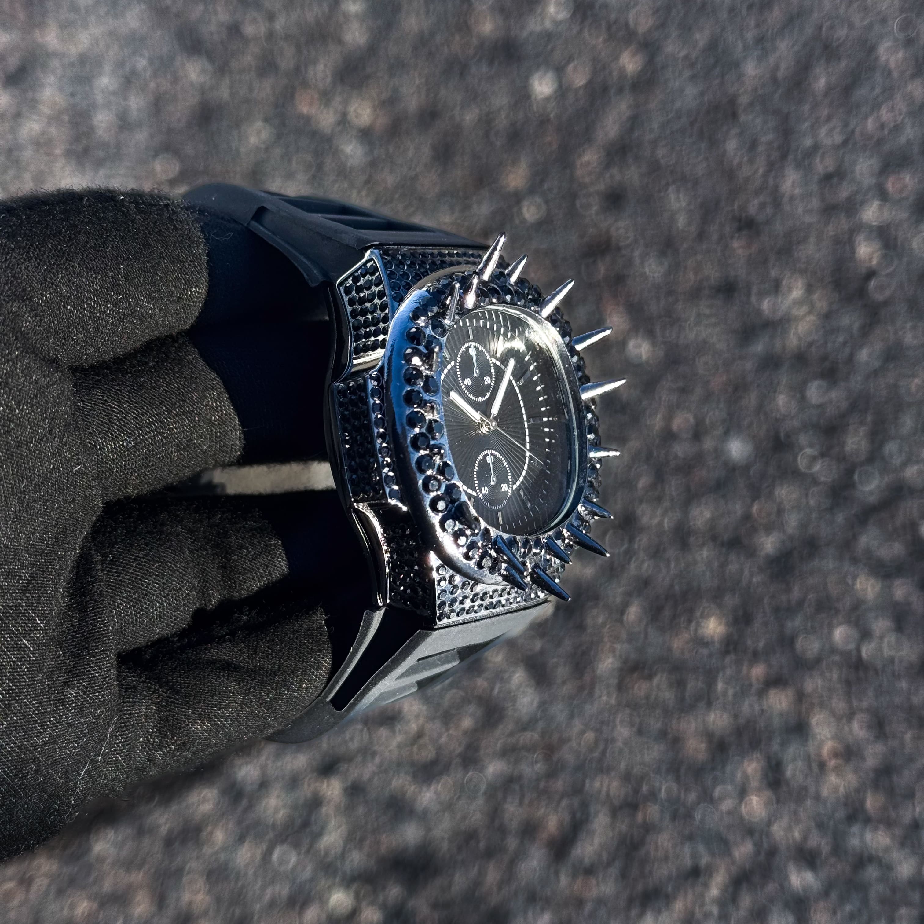 Men's 42mm Iced Out Spike Watch - Silicone Band, Quartz Movement