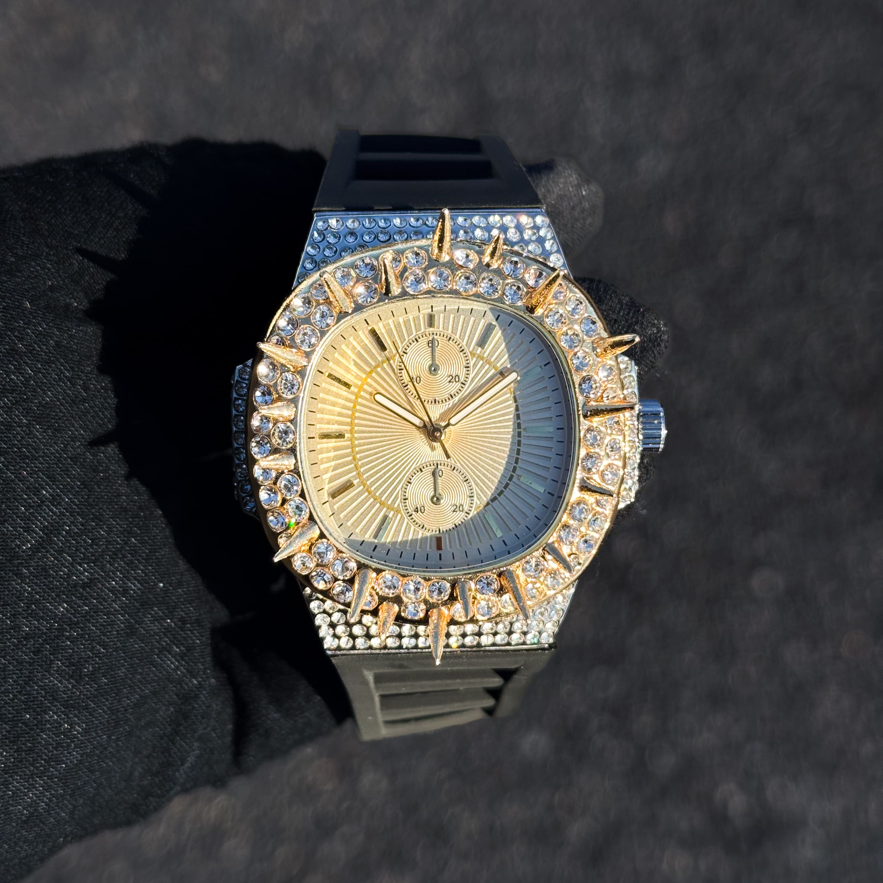 Men's 42mm Iced Out Spike Watch - Silicone Band, Quartz Movement