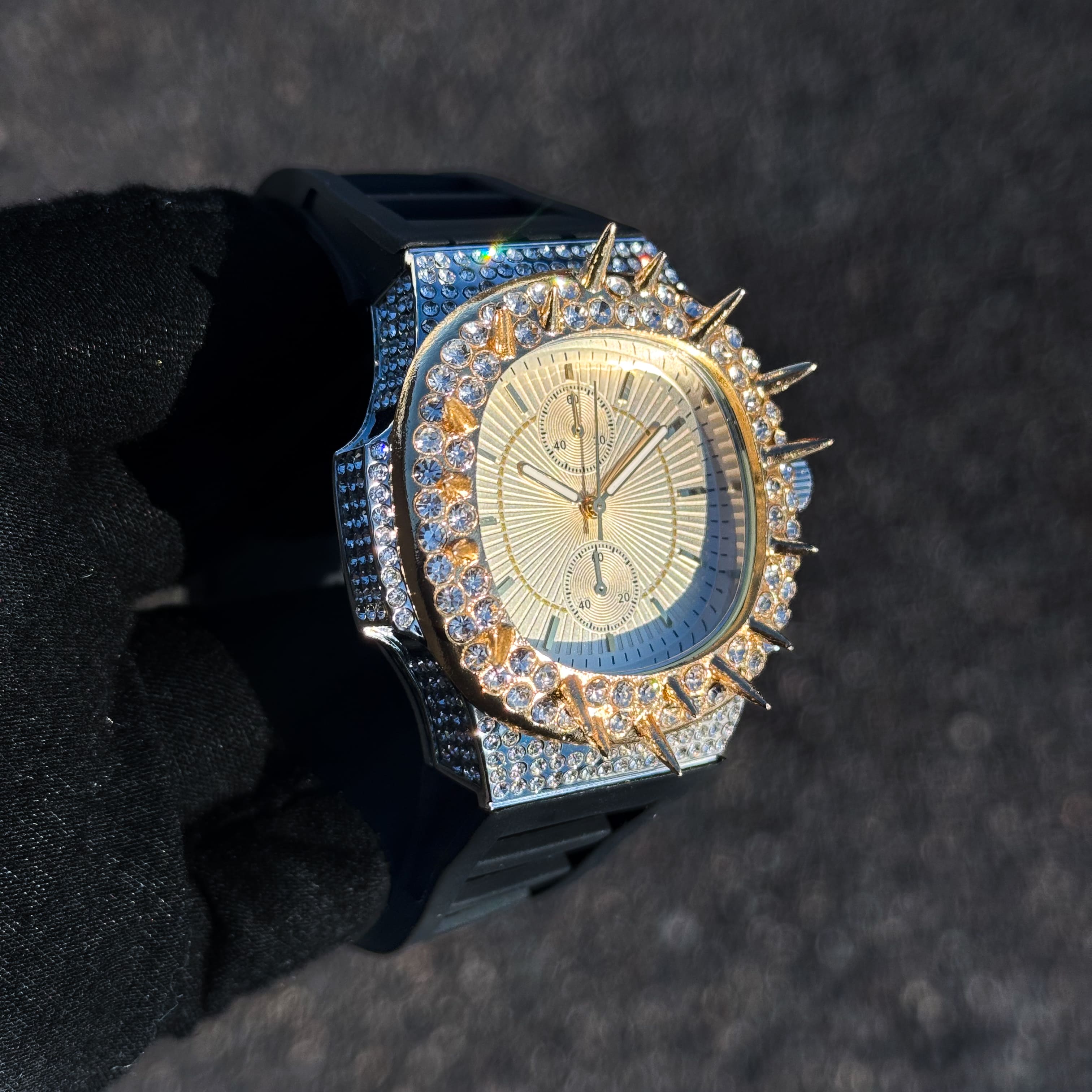 Men's 42mm Iced Out Spike Watch - Silicone Band, Quartz Movement