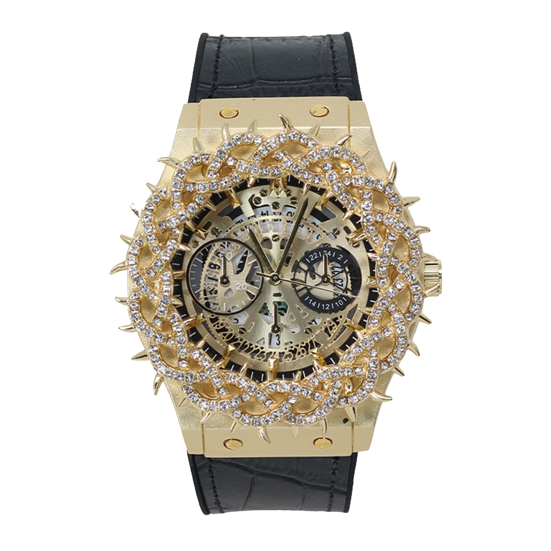 Men's 46mm Iced Out Spike Skeleton Watch - Silicone Band, Quartz Movement