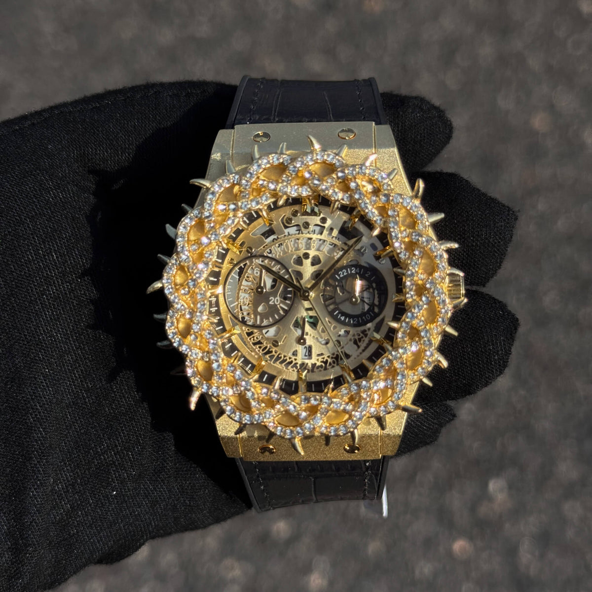 Men's 46mm Iced Out Spike Skeleton Watch - Silicone Band, Quartz Movement