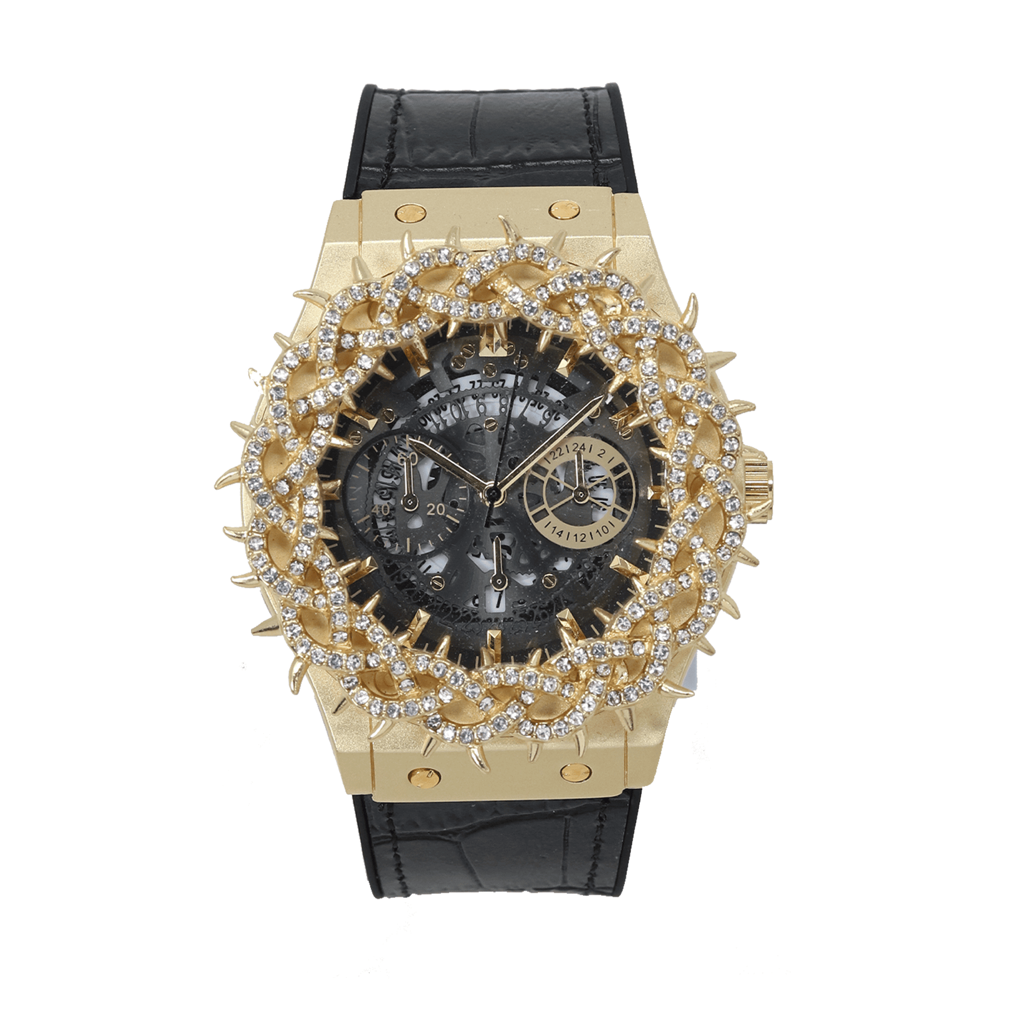 Men's 46mm Iced Out Spike Skeleton Watch - Silicone Band, Quartz Movement