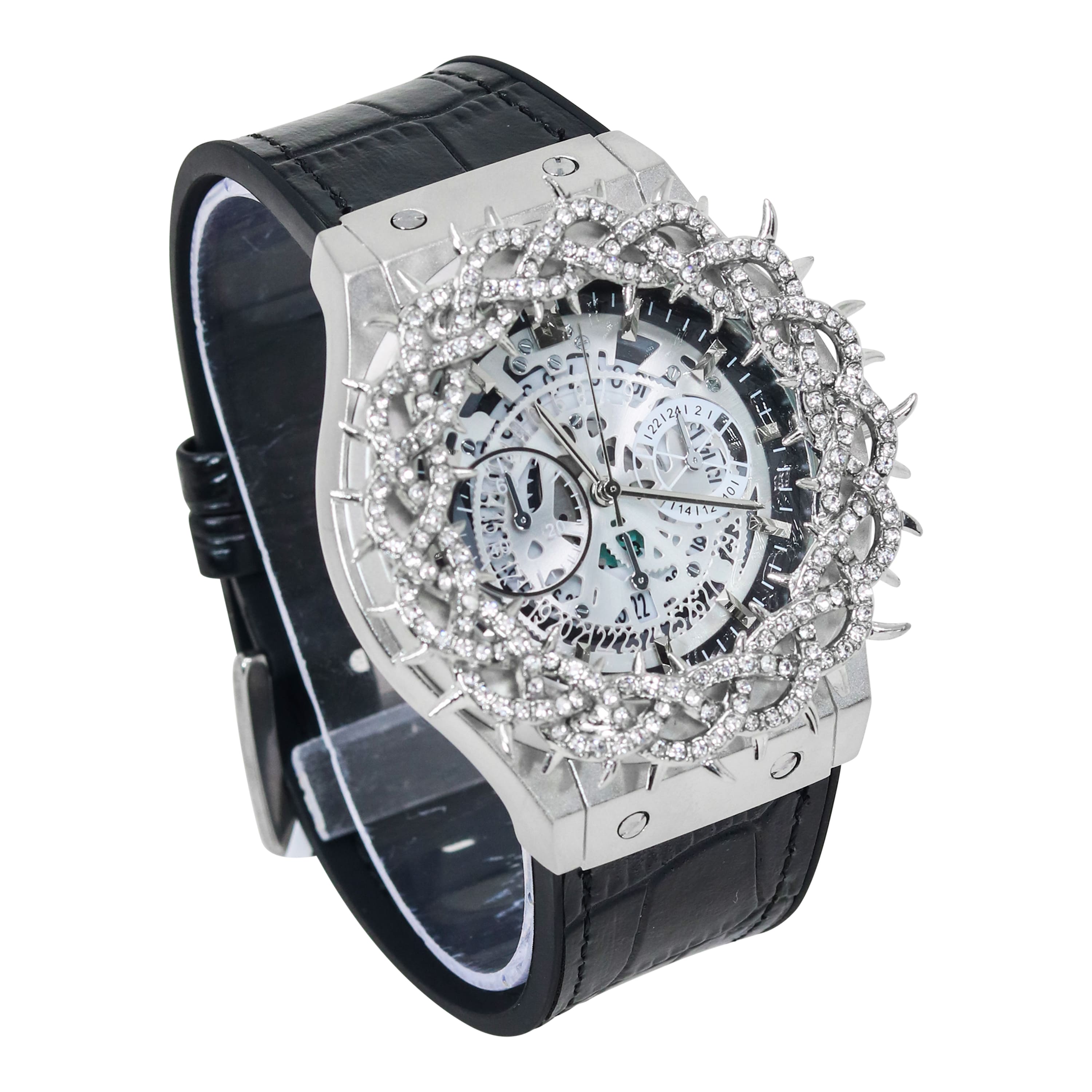 Men's 46mm Iced Out Spike Skeleton Watch - Silicone Band, Quartz Movement