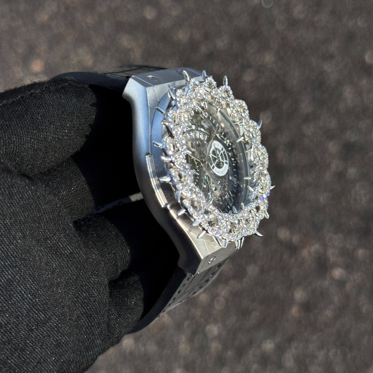Men's 46mm Iced Out Spike Skeleton Watch - Silicone Band, Quartz Movement