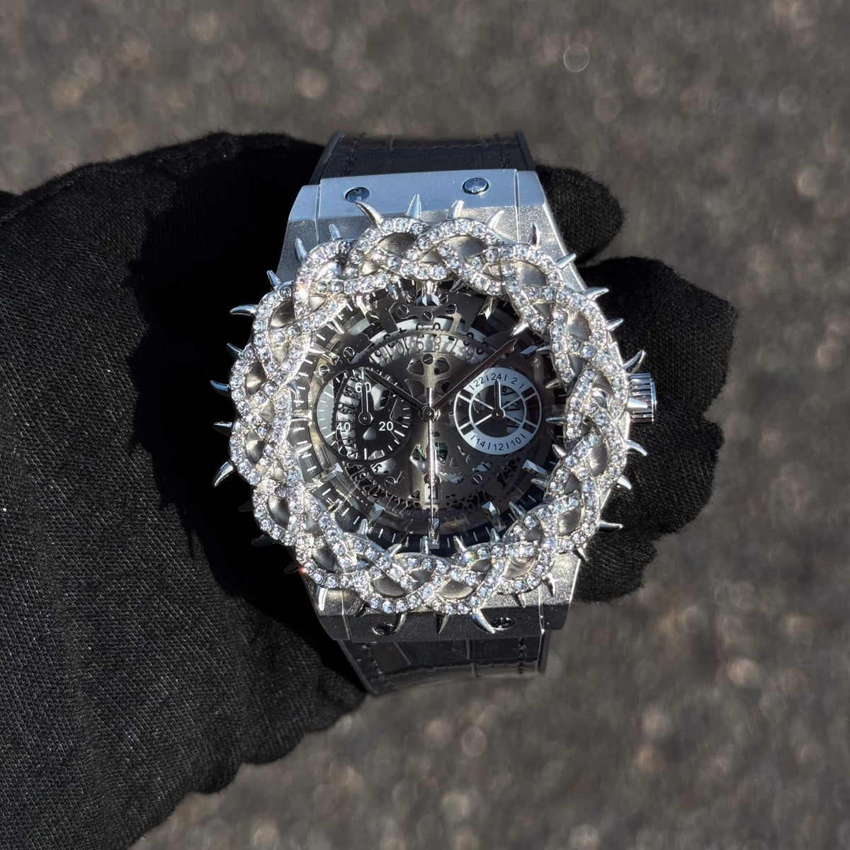Men's 46mm Iced Out Spike Skeleton Watch - Silicone Band, Quartz Movement