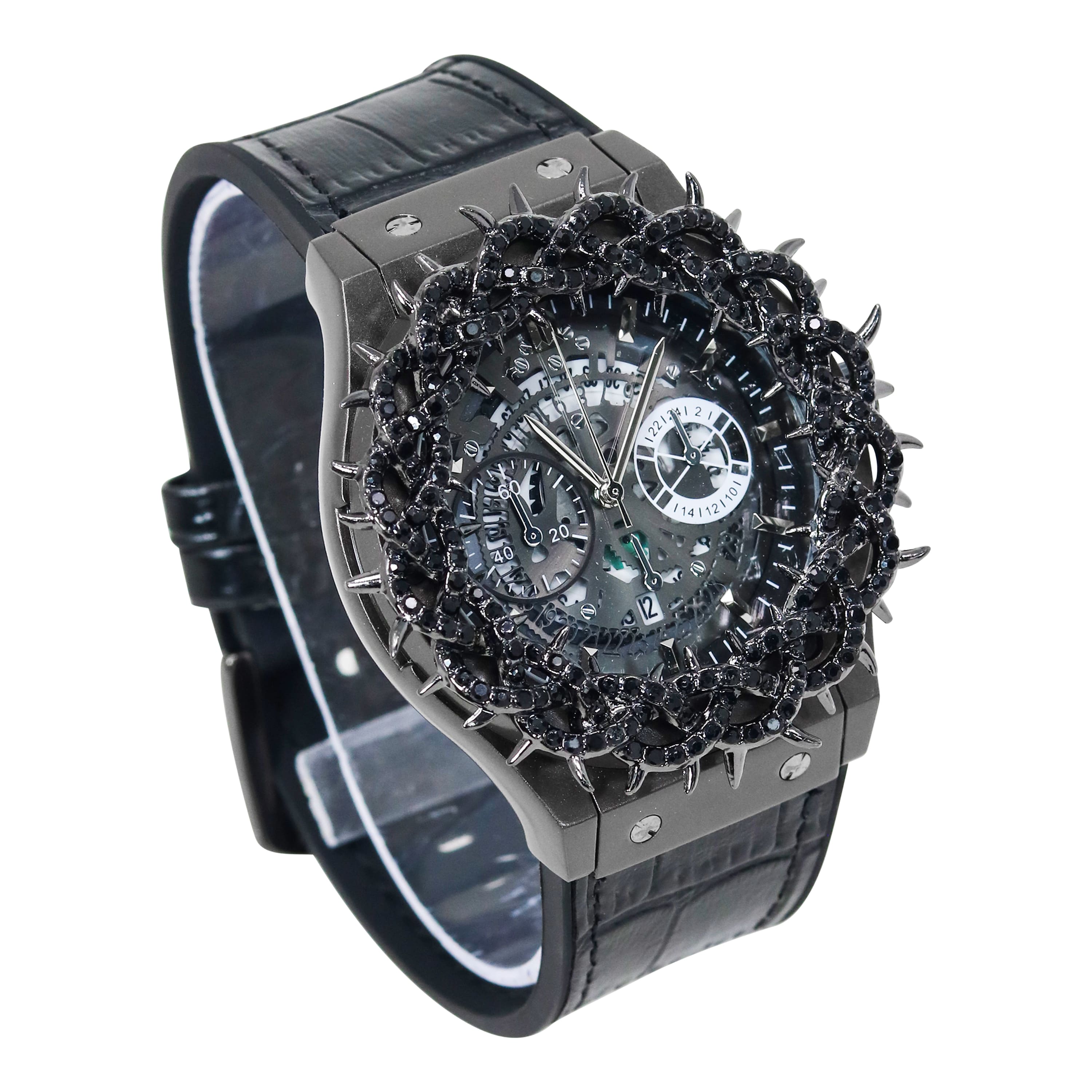 Men's 46mm Iced Out Spike Skeleton Watch - Silicone Band, Quartz Movement