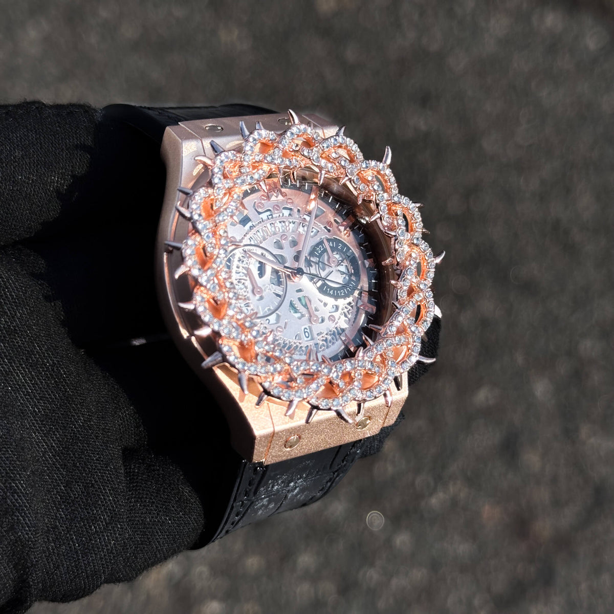 Men's 46mm Iced Out Spike Skeleton Watch - Silicone Band, Quartz Movement