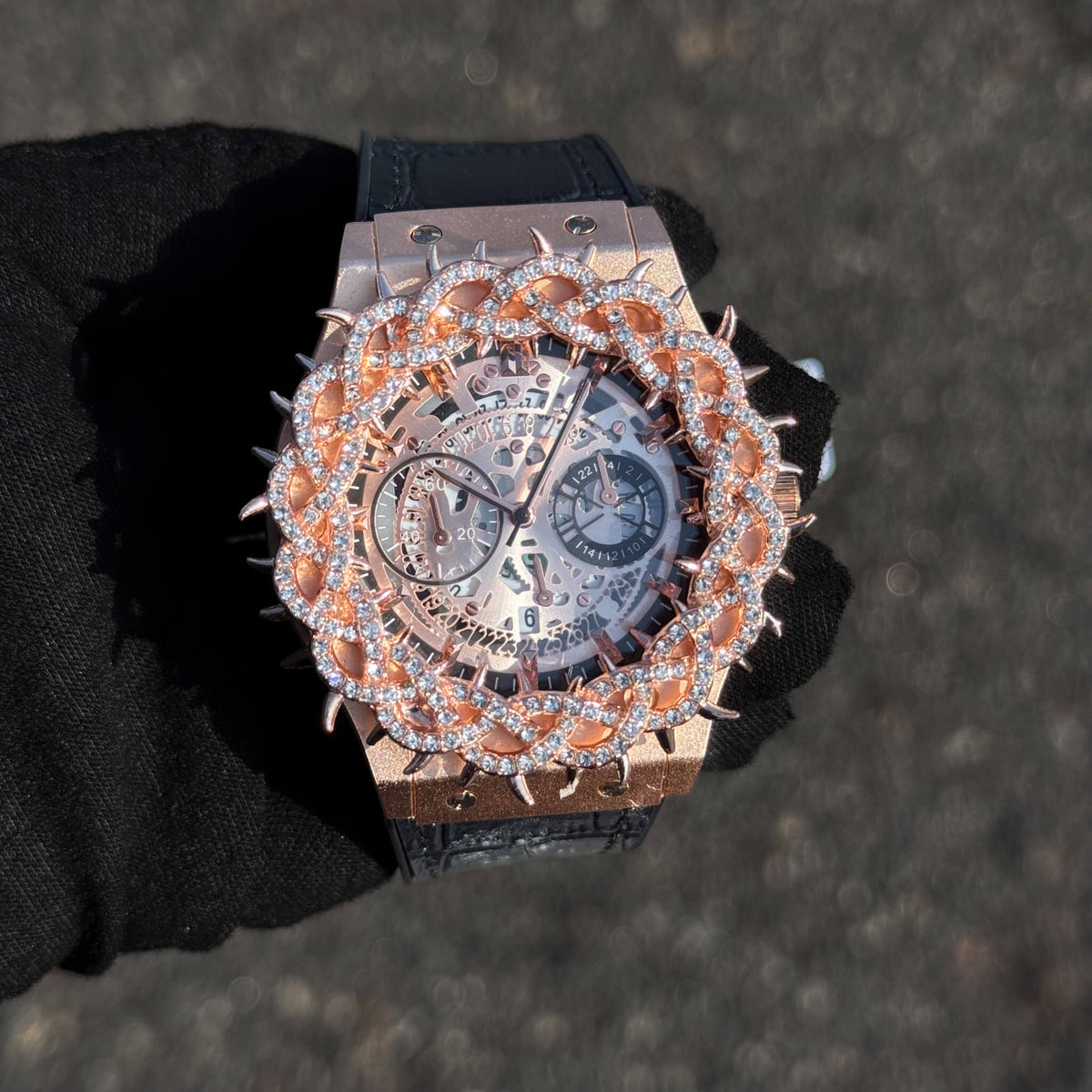 Men's 46mm Iced Out Spike Skeleton Watch - Silicone Band, Quartz Movement