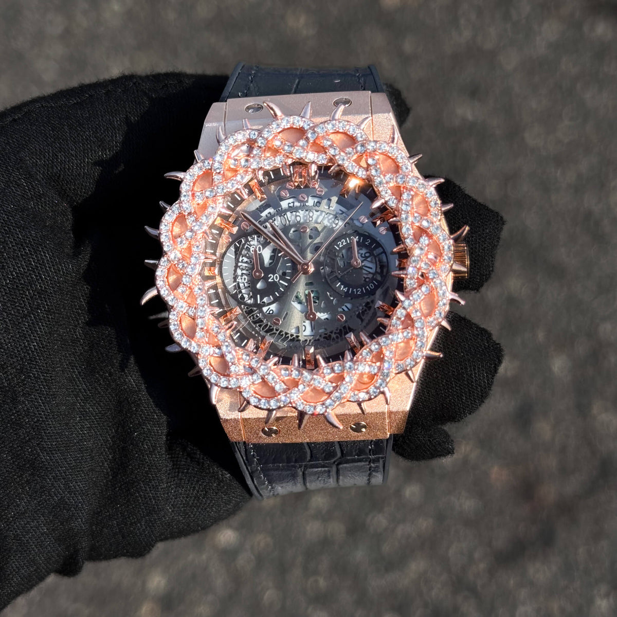 Men's 46mm Iced Out Spike Skeleton Watch - Silicone Band, Quartz Movement