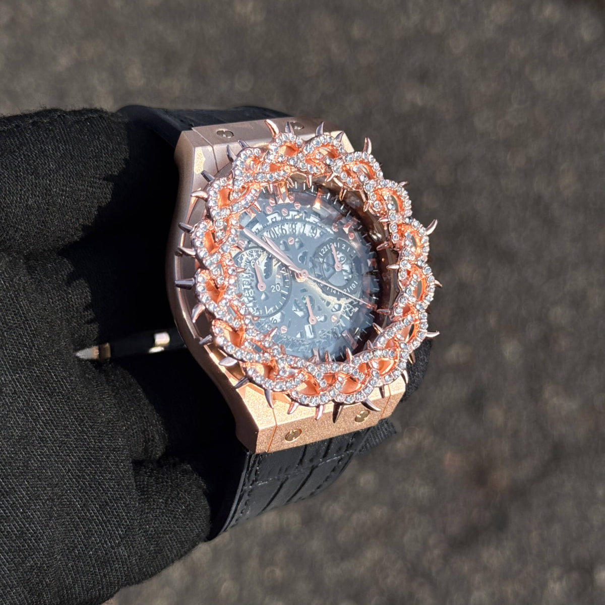 Men's 46mm Iced Out Spike Skeleton Watch - Silicone Band, Quartz Movement