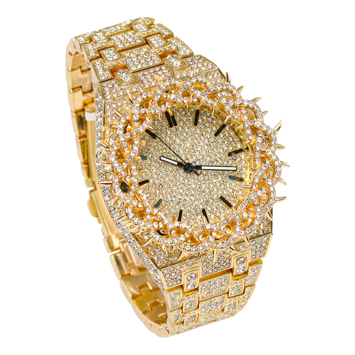Men’s 48mm Iced Out Thorn Crown Watch - Metal Band, Quartz Movement