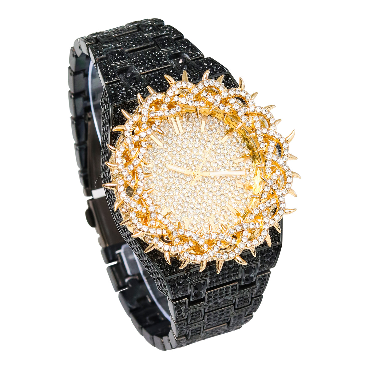 Men’s 48mm Iced Out Thorn Crown Watch - Metal Band, Quartz Movement