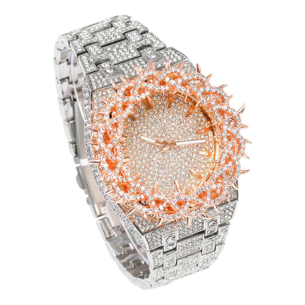 Men’s 48mm Iced Out Thorn Crown Watch - Metal Band, Quartz Movement