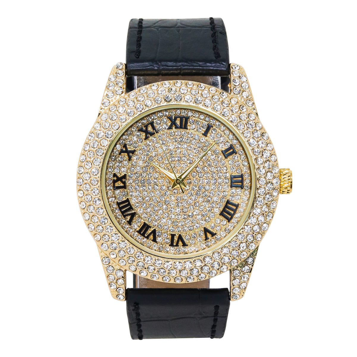 Men’s 50mm Iced Out Roman Dial Watch - Leather Band, Quartz Movement