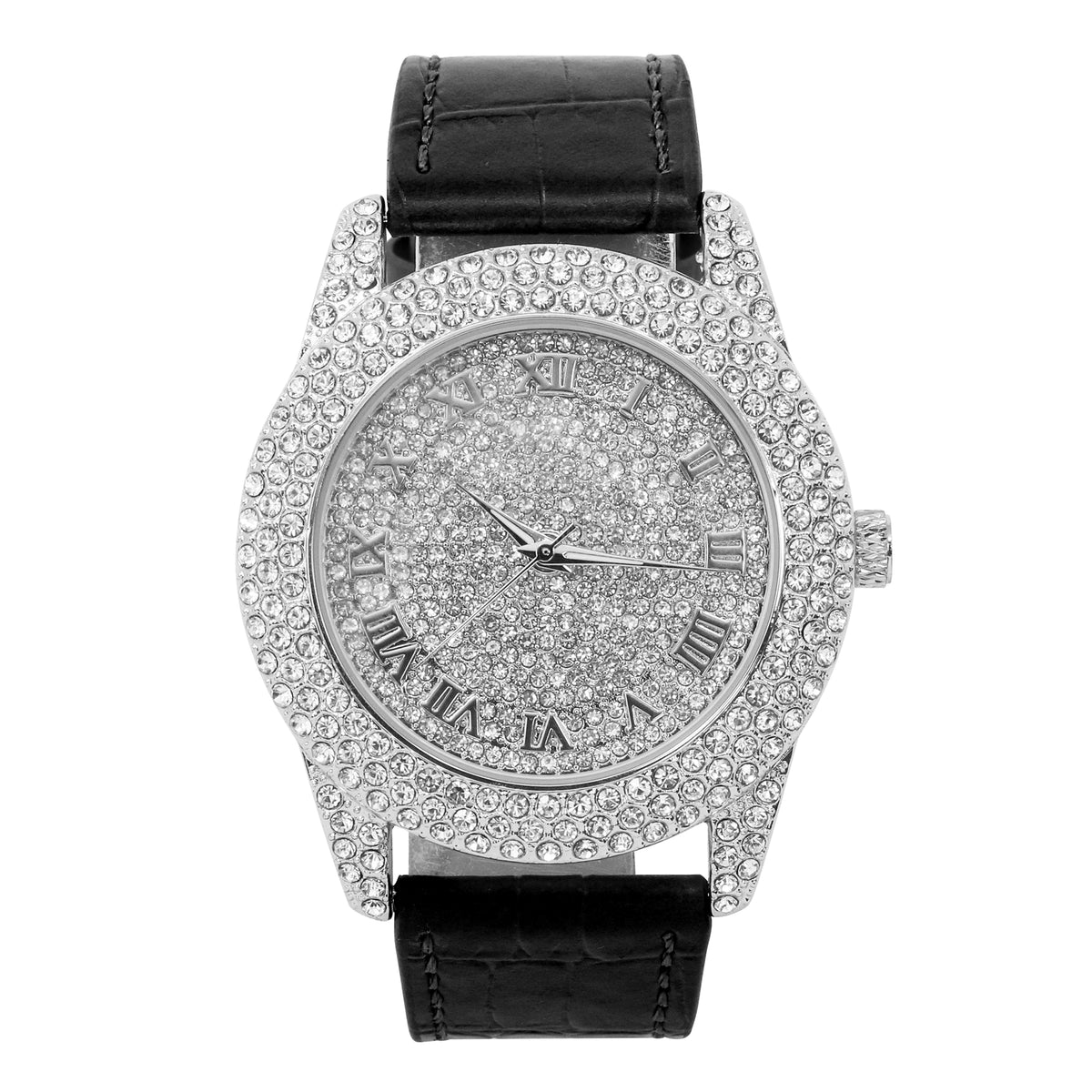 Men’s 50mm Iced Out Roman Dial Watch - Leather Band, Quartz Movement