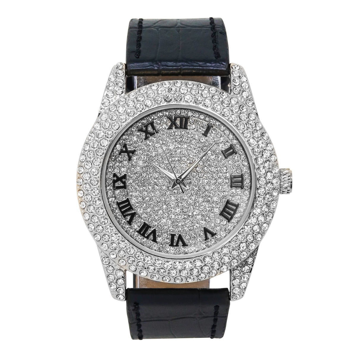 Men’s 50mm Iced Out Roman Dial Watch - Leather Band, Quartz Movement